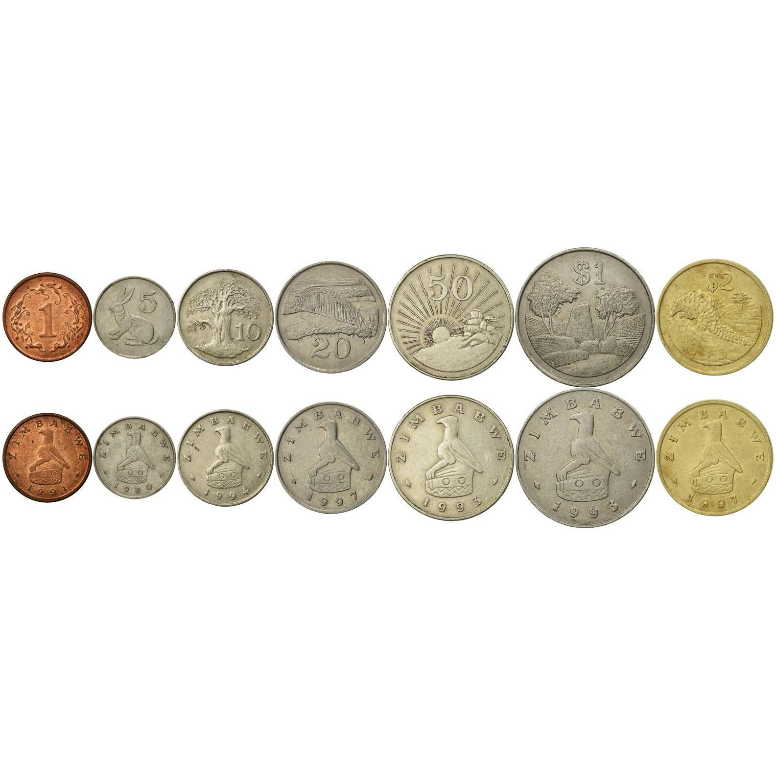 Zimbabwe | 7 Coin Set | 1 Cent 5 10 20 50 Cents 1 Dollar 2 Dollars | 1980 - 1999