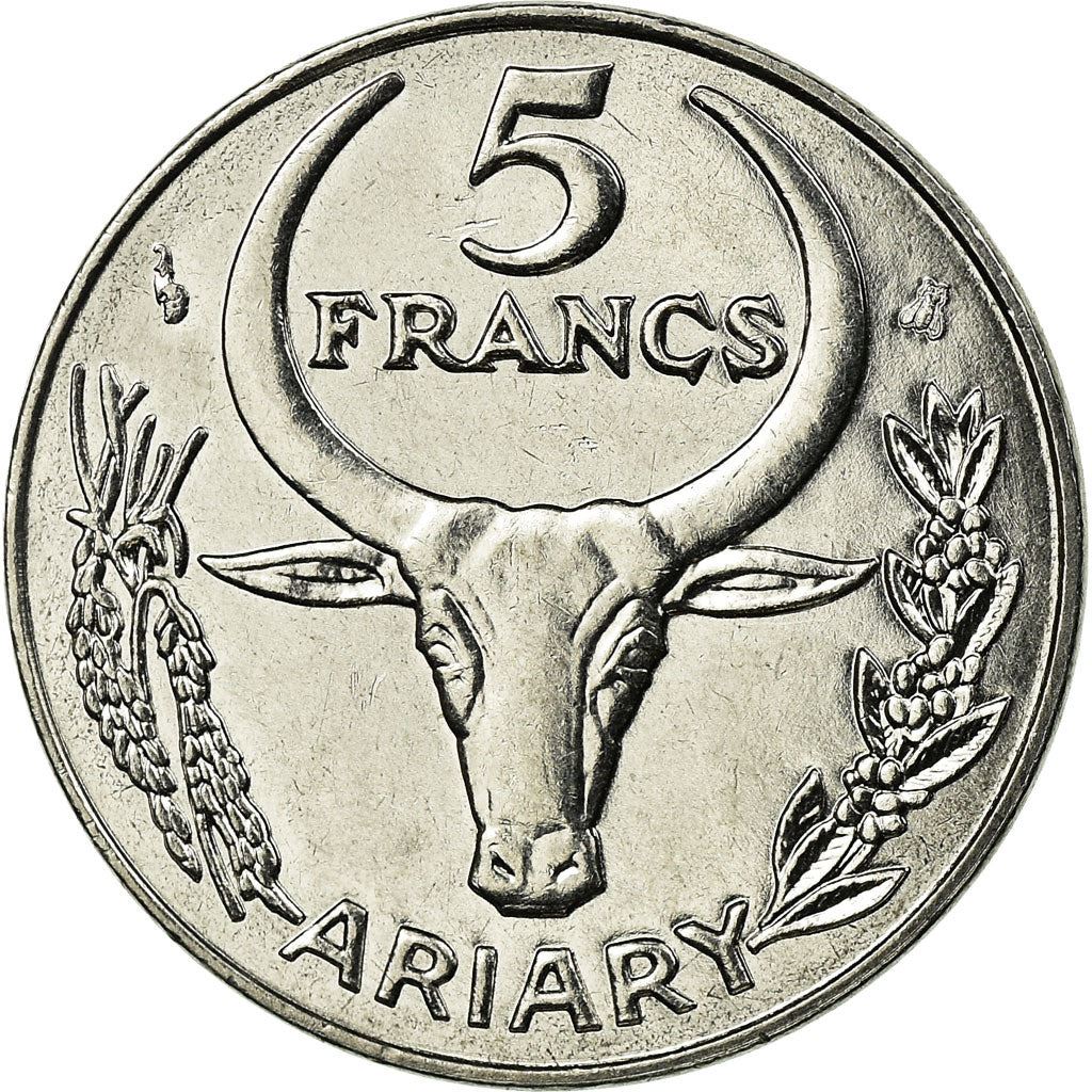 Madagaskaras | 5 frankai / 1 ariaris moneta | Gėlė | Zebuas | Km:21 | 1996