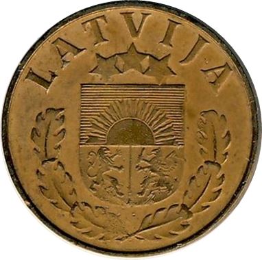 Монета Латвии 1 сантим | Ветвь дуба | KM10 | 1937 - 1939