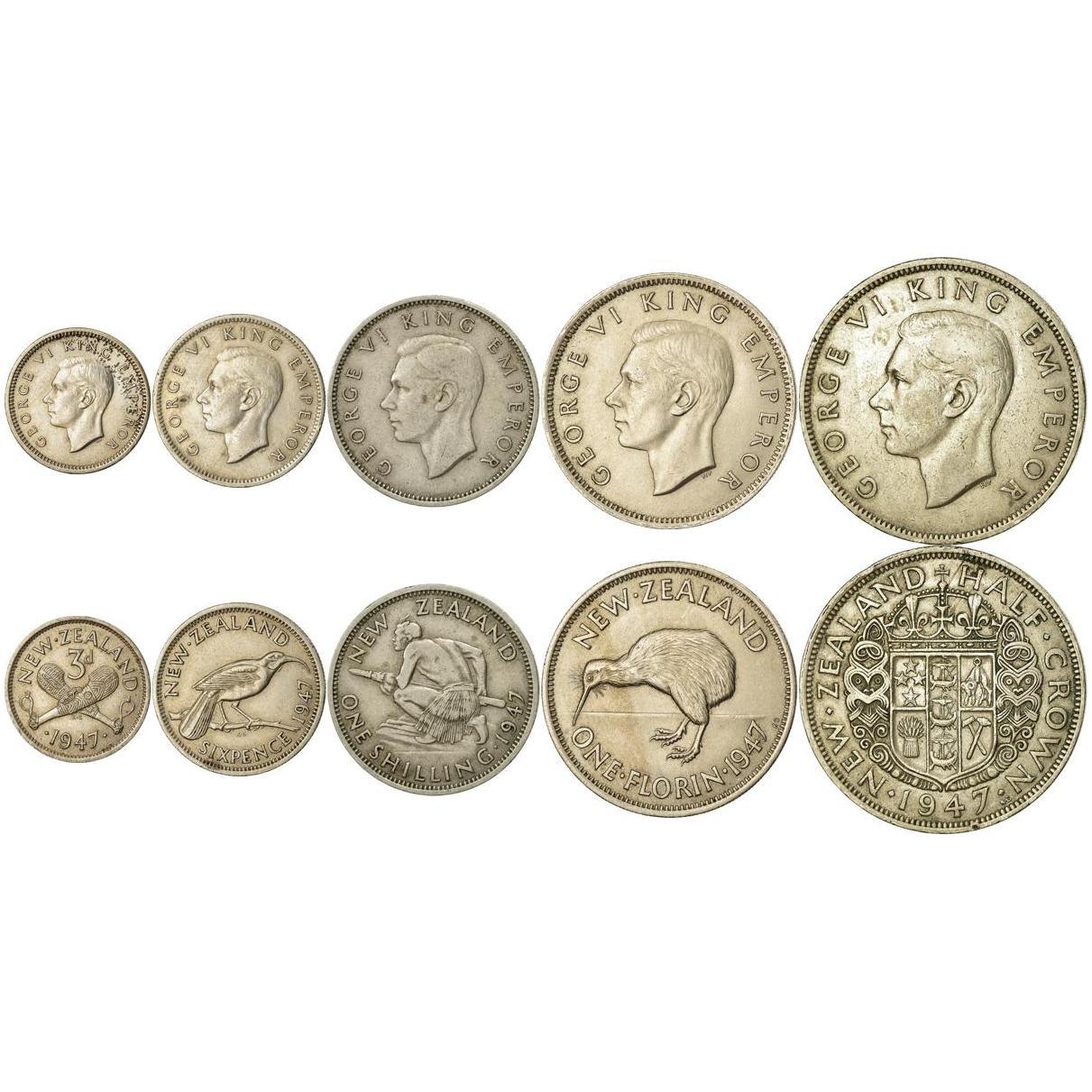 New Zealand | 5 Coin Set | 3 6 Pence 1 Shilling 1 Florin 1/2 Crown | 1947