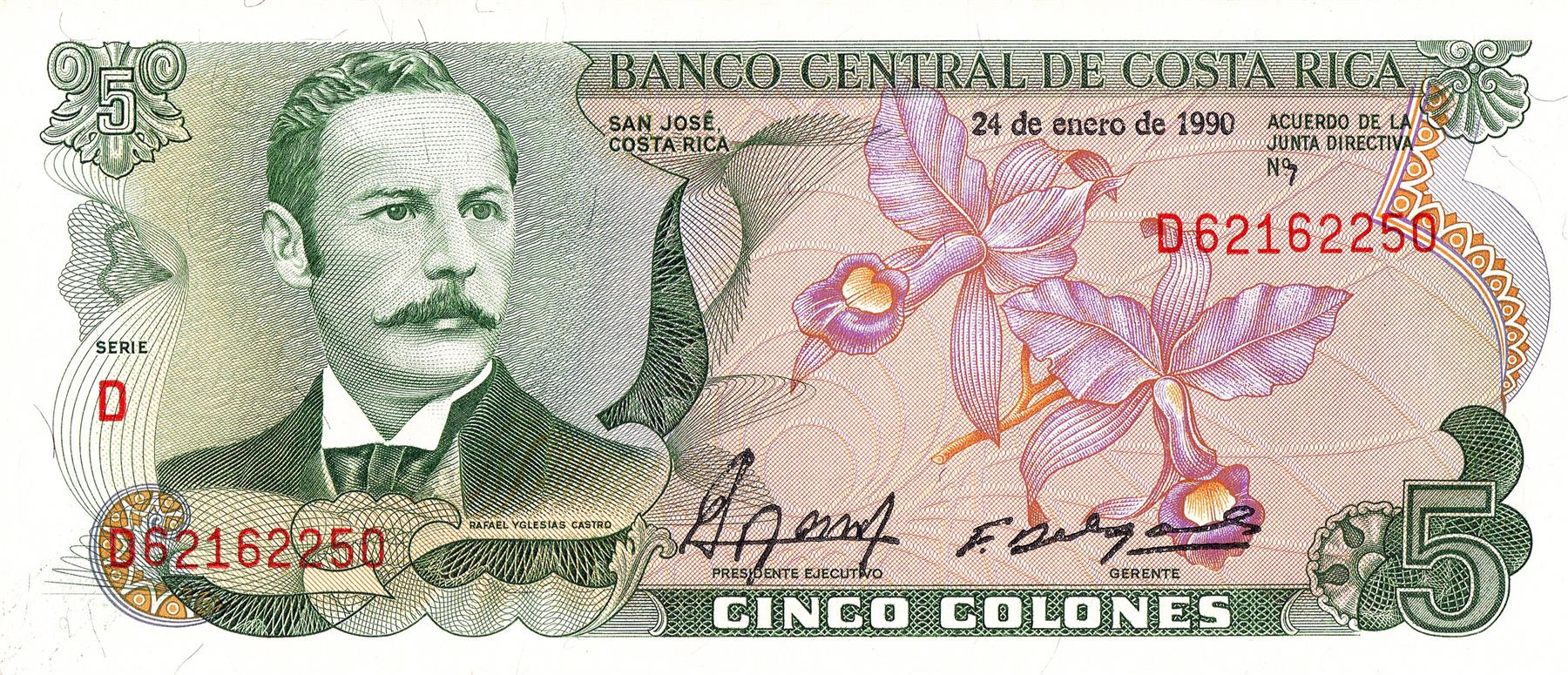Costa Rica | 5 Colones Banknote | 1968 - 1992 | Rafael Iglesias Castro | Easter Orchid | The Allegory of the Coffee and Bananas