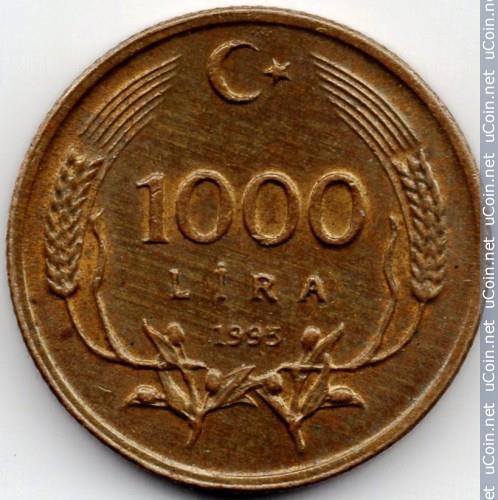 Turkey | 1000 Lira Coin | Crescent and Star | Oat Sprigs | Km:1028 | 1995 - 1998