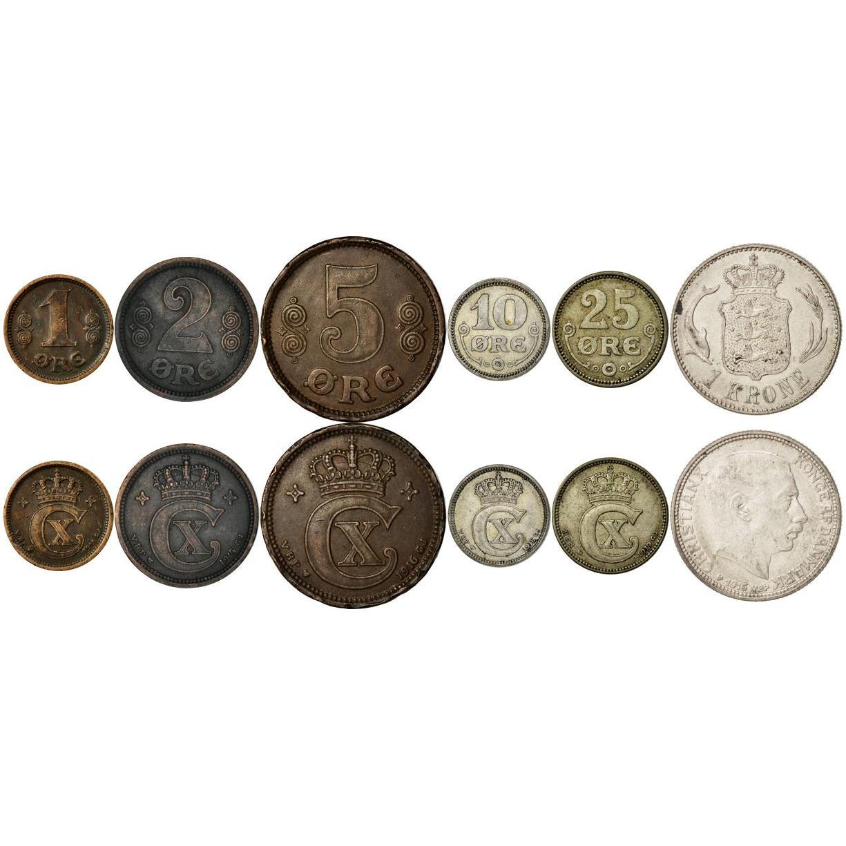 Denmark | 6 Coin Set | 1 2 5 10 25 Ore 1 Krone | 1913 - 1923