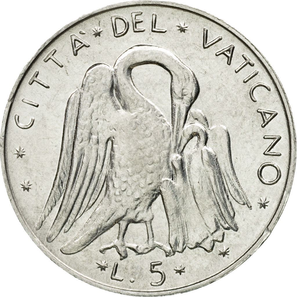 Vatican City | 5 Lire Coin | Pelican | Km:118 | 1970 - 1977