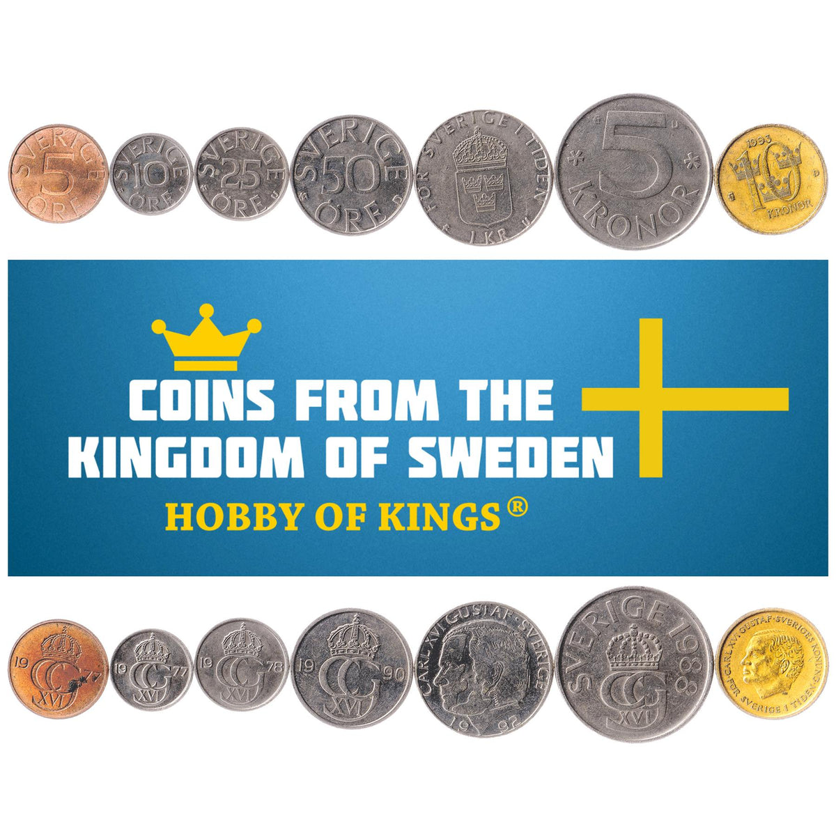 Sweden | 7 Coin Set | 5 10 25 50 Ore 1 Krona 5 10 Kronor | 1976 - 2000