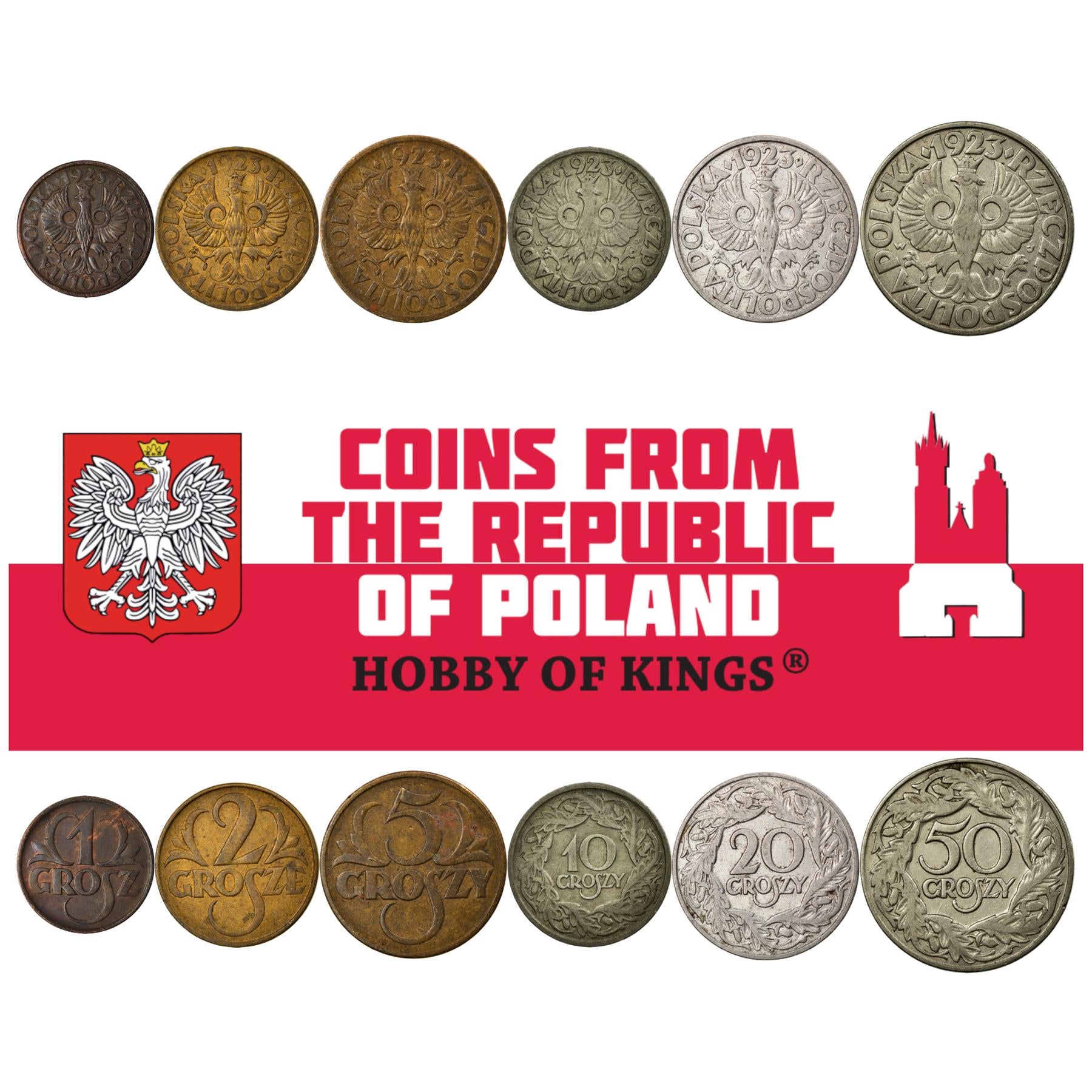 Polish 6 Coin Set 1 2 5 10 20 50 Grosz | White Crowned Eagle | Poland | 1923 - 1925