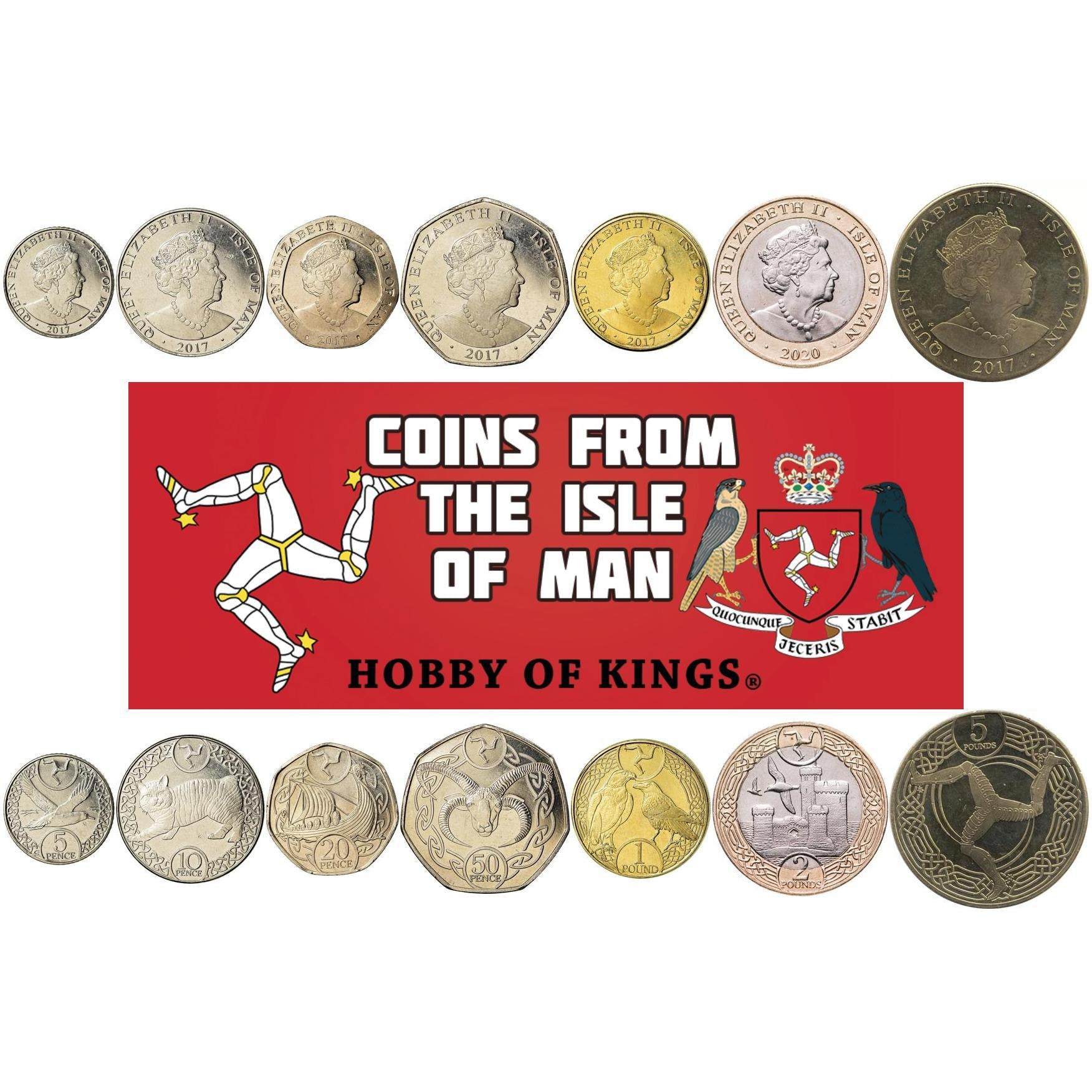 Набор из 7 монет острова Мэн 5 10 20 50 пенсов 1 2 5 фунтов | Елизавета II | Манкс Лоагтан | Манксский буревестник | Сапсан | Манксская кошка | Башня Спасения | Викингский длинный корабль | Трискель | Остров Мэн | 2017 - 2021