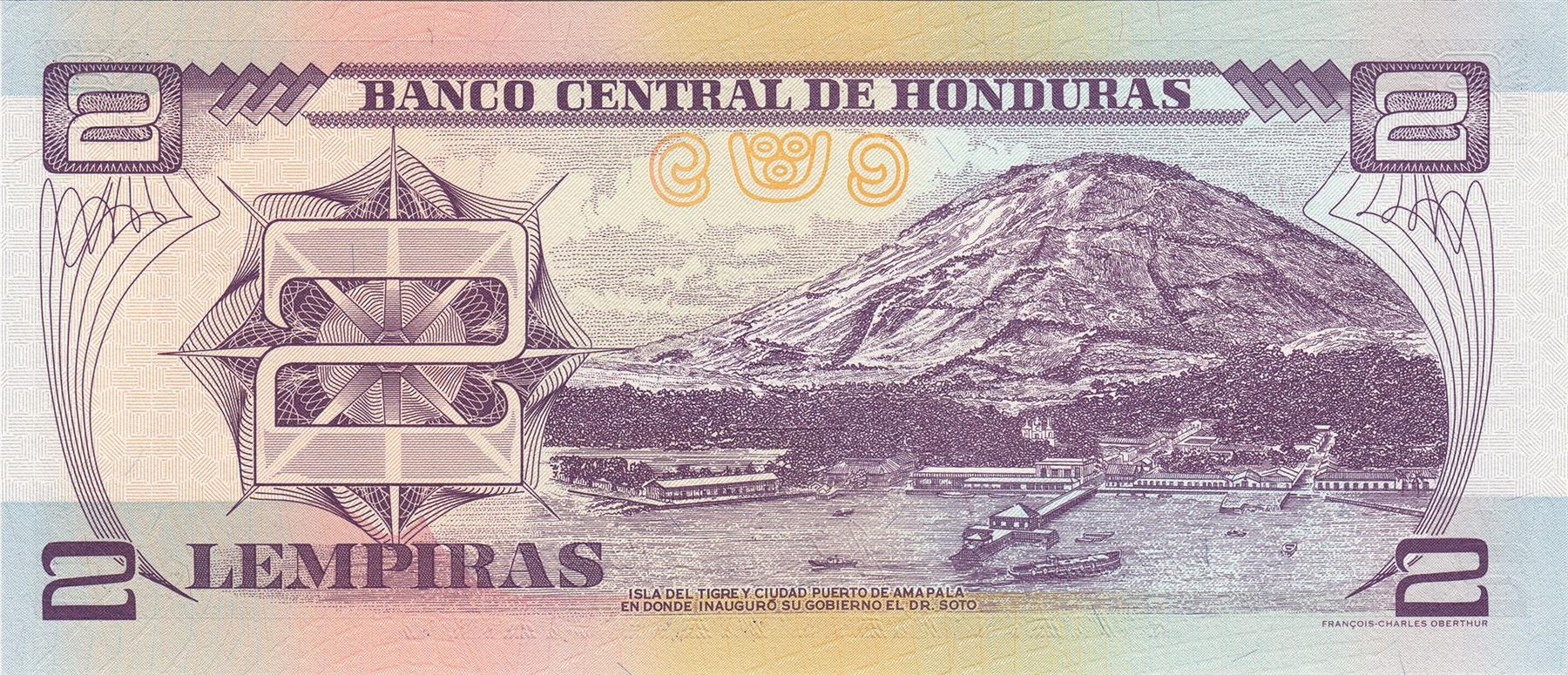 Honduras | 2 Lempiras Banknote | 1997 - 2010 | Marco Aurelio Soto | Tiger Island | Port City Amapala
