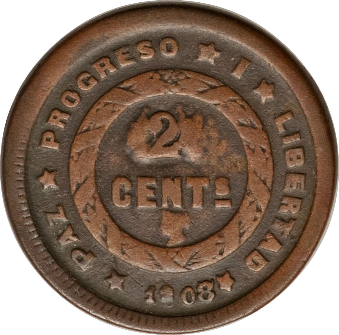 Honduras 2 Centavos Coin | Pyramid | Wreath | KM64 | 1907 - 1908