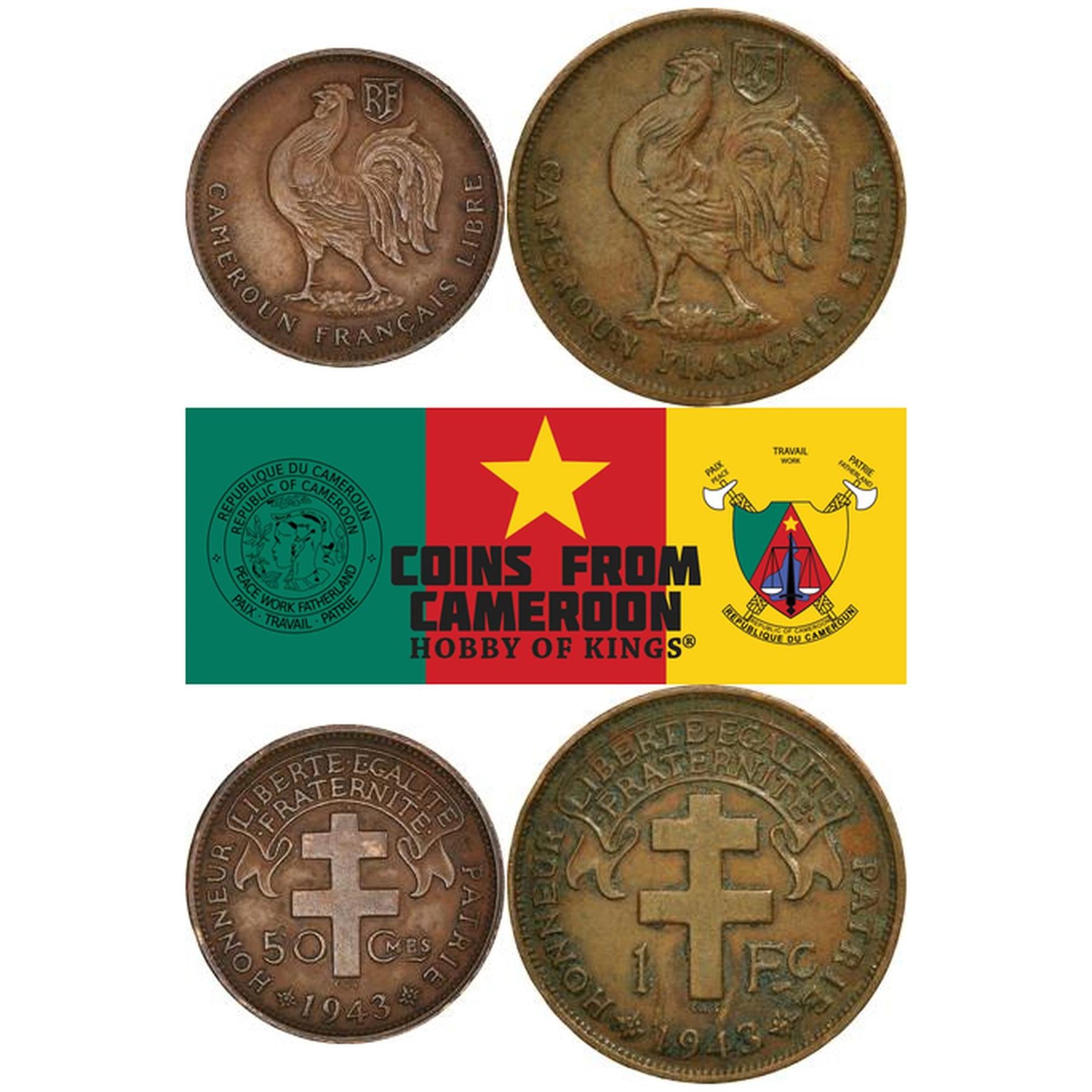 French Cameroon | 2 Coin Set | 50 Centimes 1 Franc | 1943