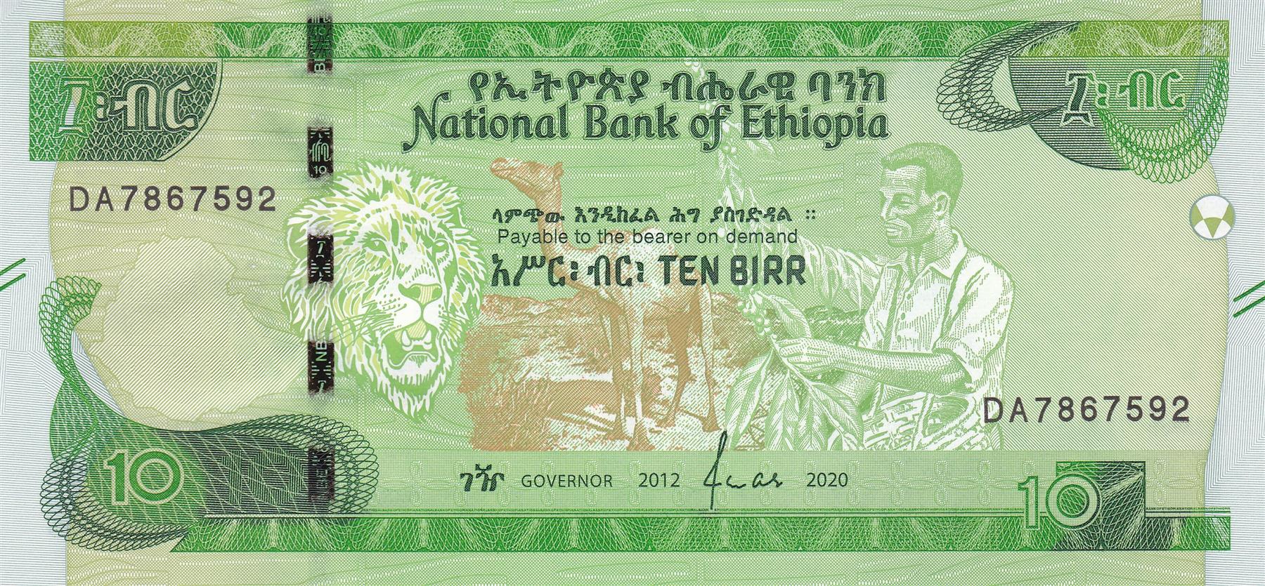 Ethiopia | 10 Birr Banknote | 2020 | Lion | Camel | Coffee Harvest | Two Couples