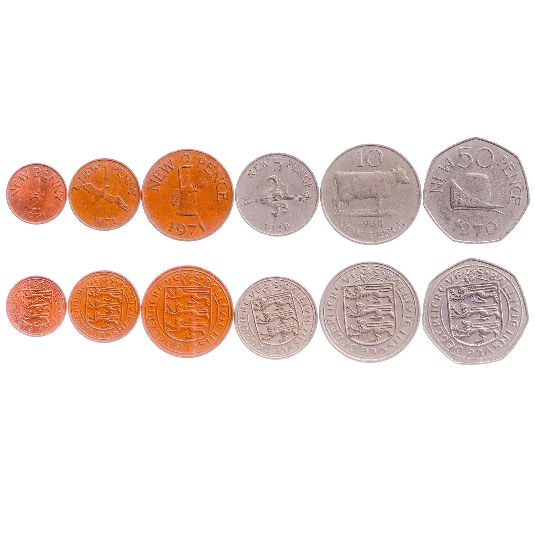 Giernésiais 6 Coin Set ½ 1 2 5 10 50 New Pence | Cattle | Northern Gannet | Leopard | Guernsey Lily | Guernsey | 1968 - 1971