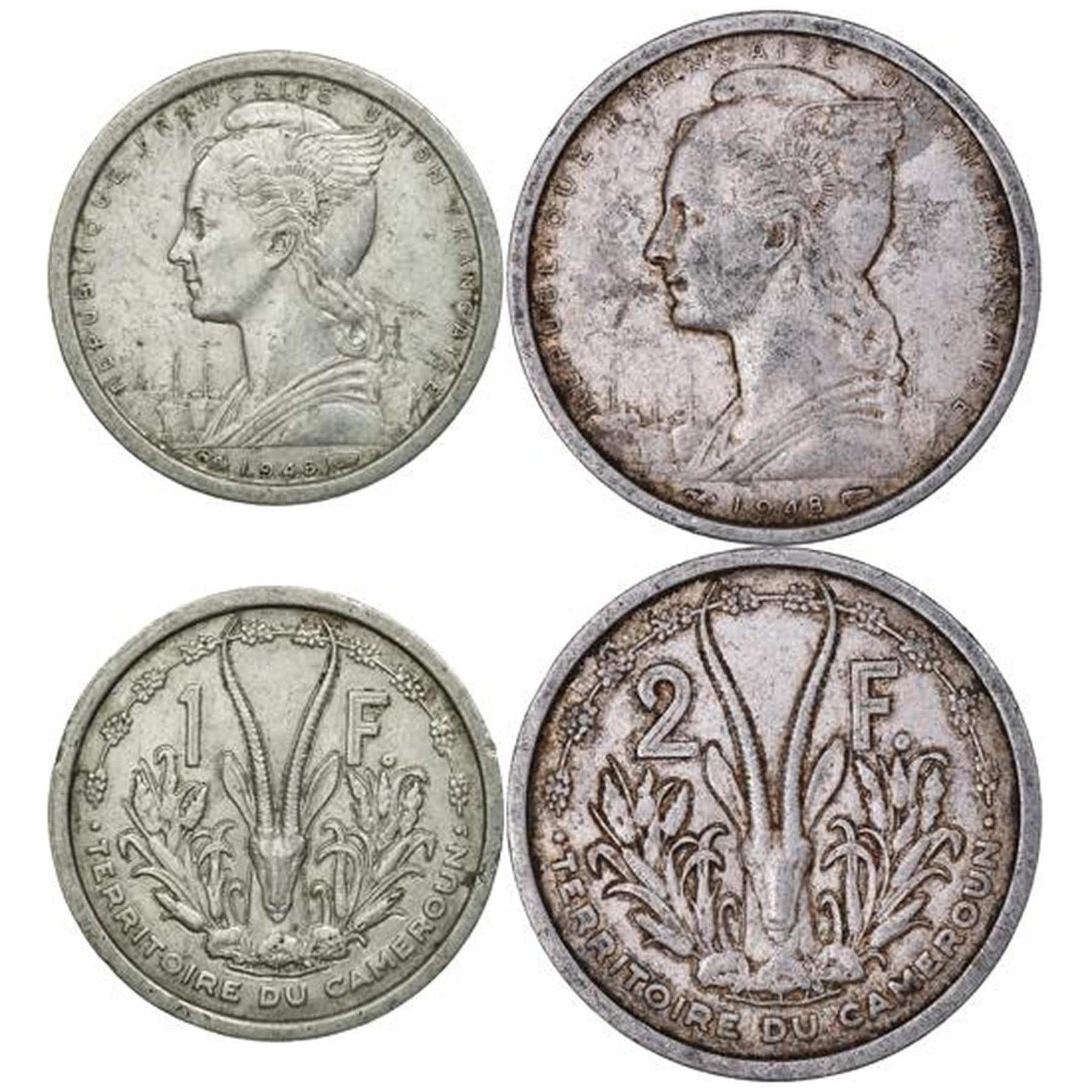 French Cameroon | 2 Coin Set | 1 Franc 2 Francs | 1948