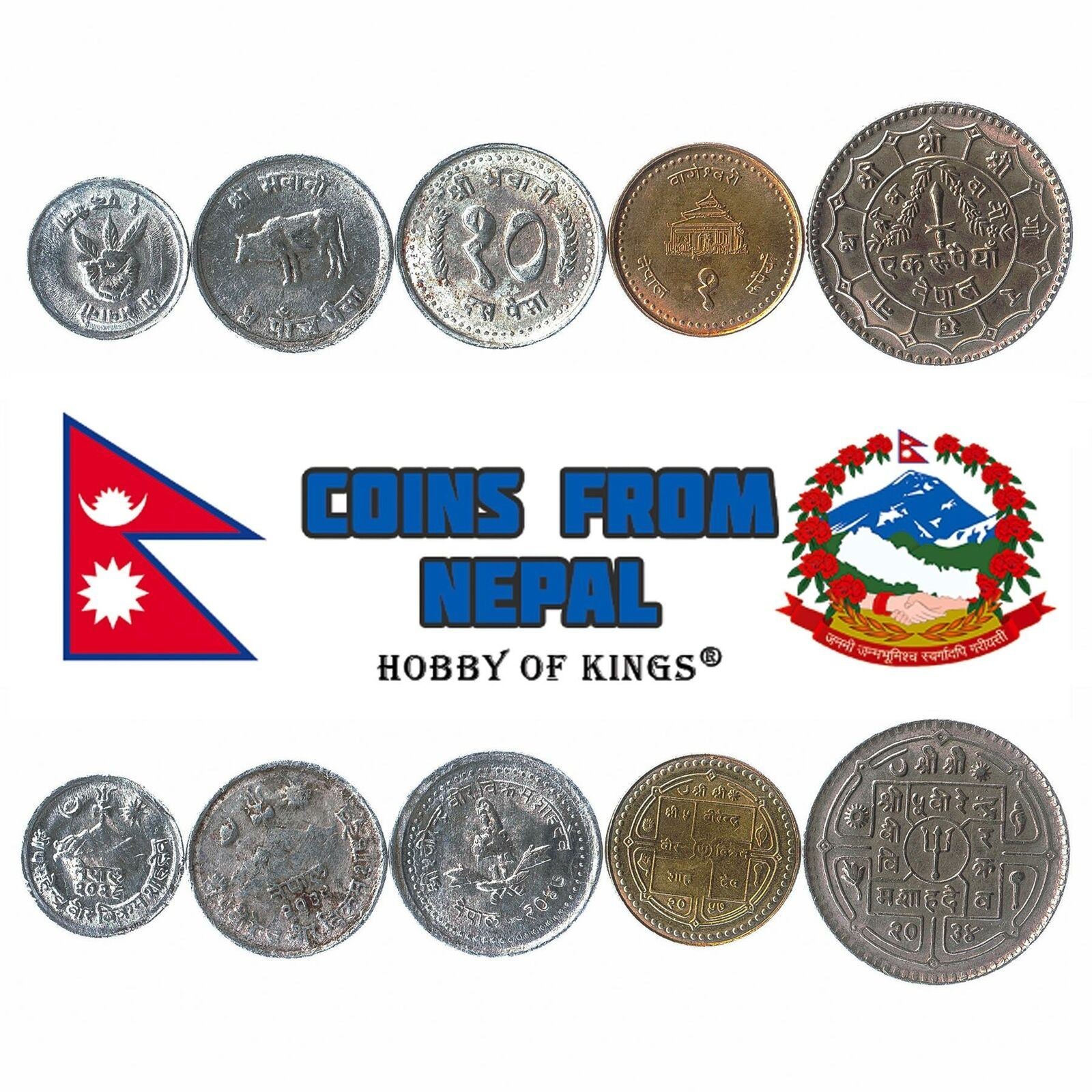 5 Nepal Coins | Mixed Nepalese Currency | Paisa | Rupee | Trident 1971 - 2022