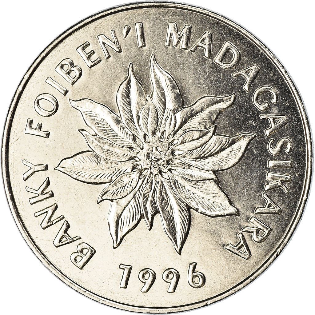 Madagascar | 5 Francs / 1 Ariary Coin | Flower | Zebu | Km:21 | 1996