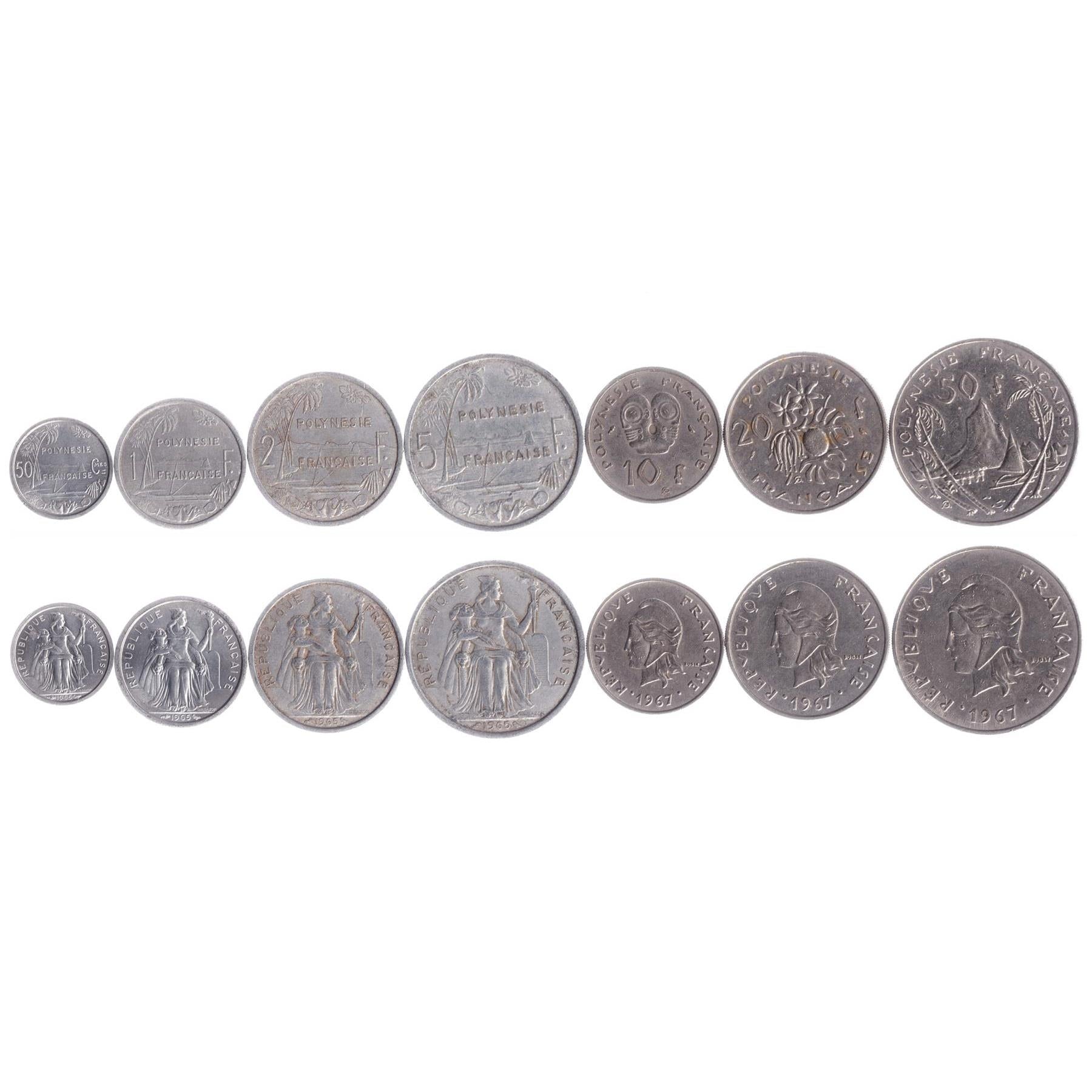 French Polynesia | 7 Coin Set | 50 Centimes 1 2 5 10 20 50 Francs | 1965 - 1970
