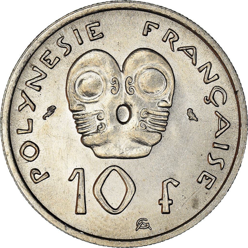 French Polynesia 10 Francs Coin | Marianne | Phrygian Cap | Tribal Mask | KM5 | 1967