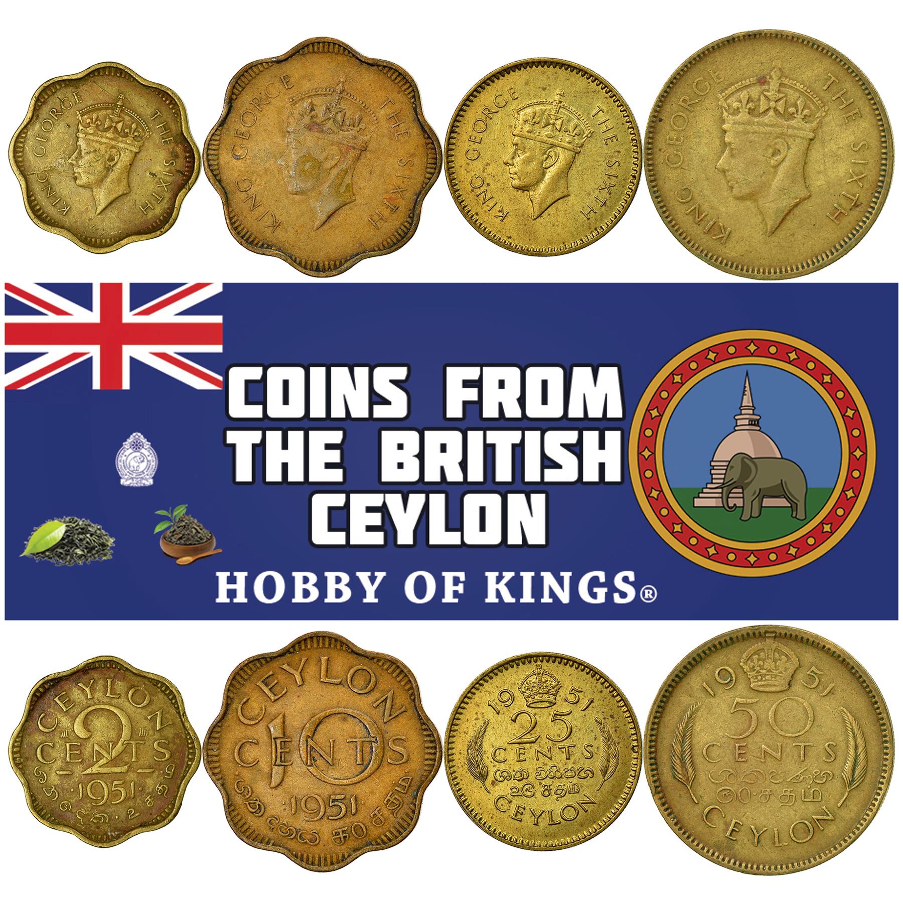 Sri Lankan 4 Coin Set 2 10 25 50 Cents | George VI | Ceylon | 1951