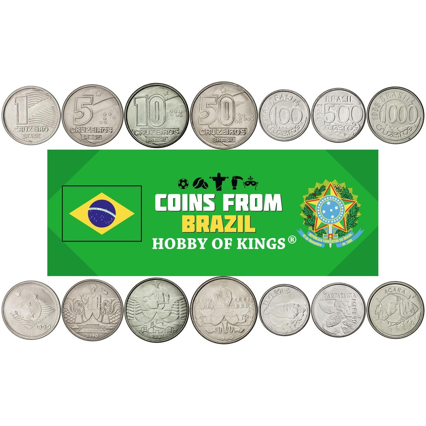 Brazil | 7 Coin Set | 1 Cruzeiro 5 10 50 100 500 1000 Cruzeiros | 1990 - 1993
