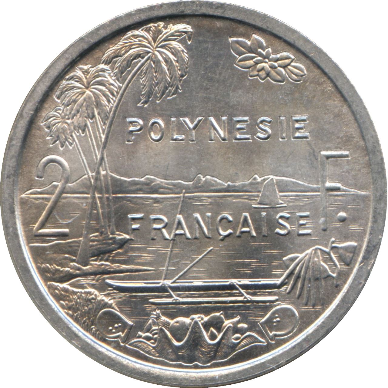 French Polynesia 2 Francs Coin | Liberty Sitting | Throne | Palm Tree | Sailboat | KM3 | 1965