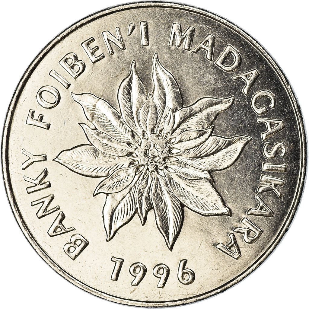 Madagascar | 5 Francs / 1 Ariary Coin | Flower | Zebu | Km:21 | 1996