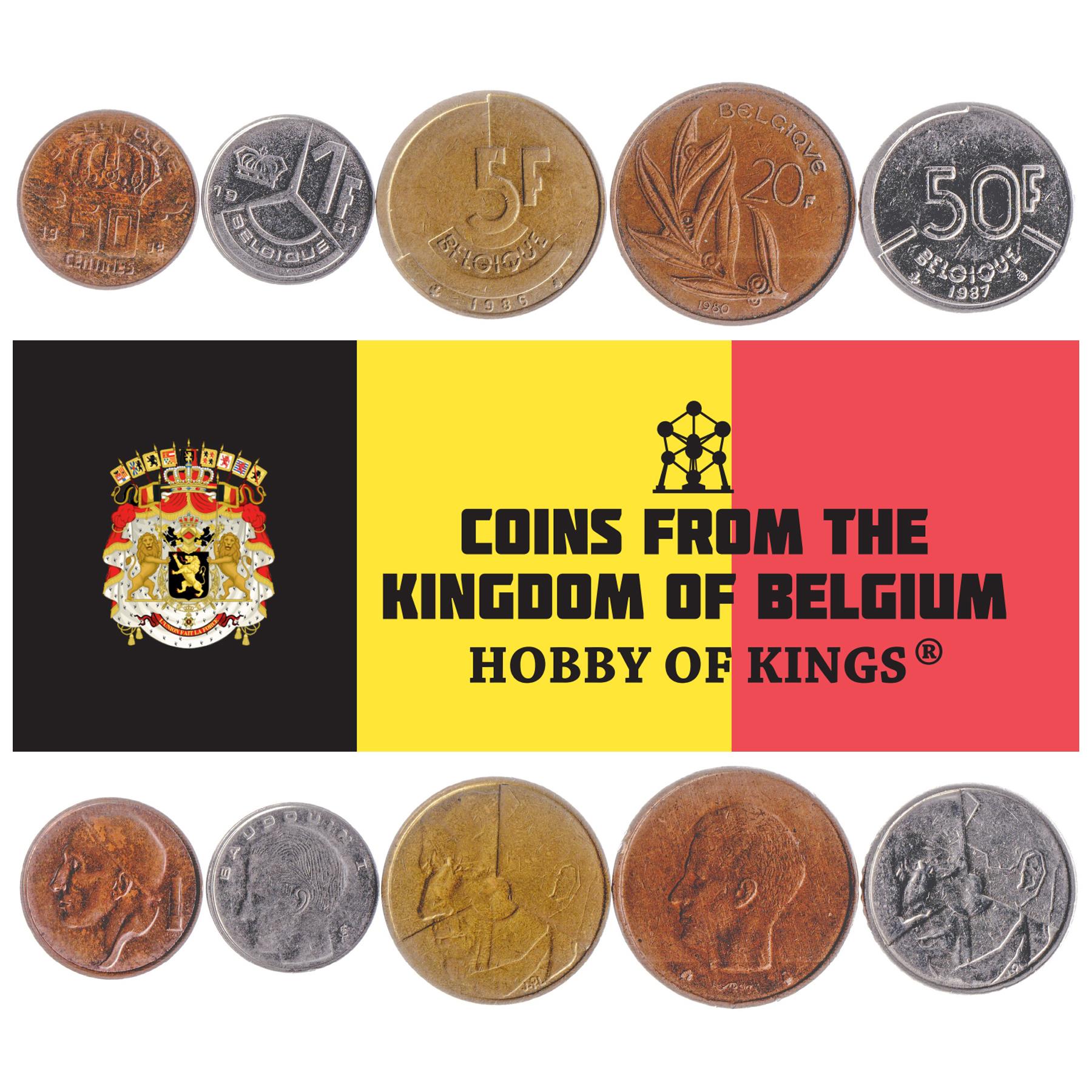 Belgium | 5 Coin Set | 50 Centimes 1 Franc 5 20 50 Francs | 1980 - 1993