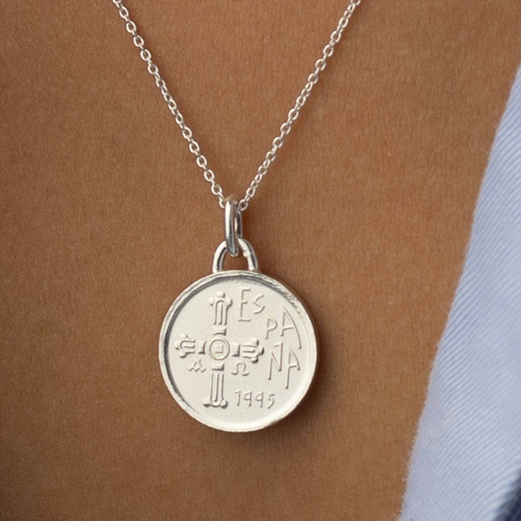 Spanish Coin Necklace | Medallion Pendant Jewelry | Rhodium Plated 5 Pesetas | Asturias | 1995