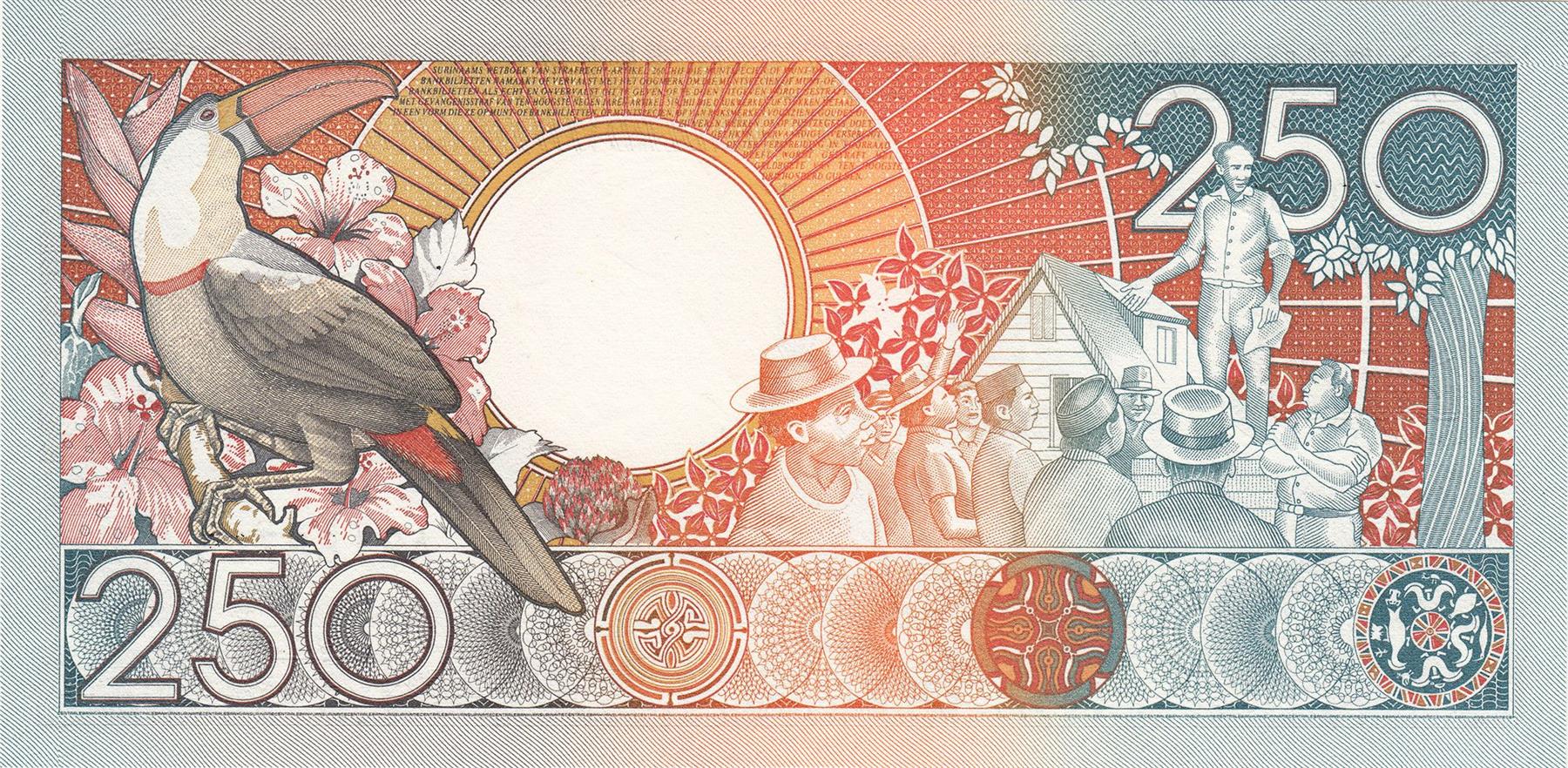 Suriname | 250 Gulden Banknote | 1988 | Anton De Kom | Militia | Buildings | Toucan | Speaker with People