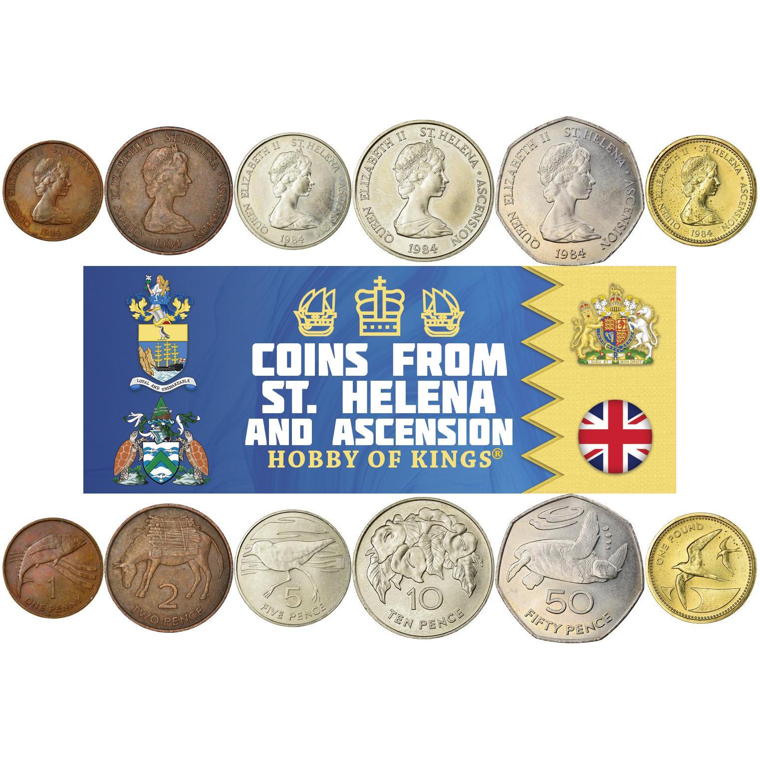 סנט הלנה ואסנשן | סט של 6 מטבעות | 1 פני 2 5 10 50 פני 1 פאונד | 1984