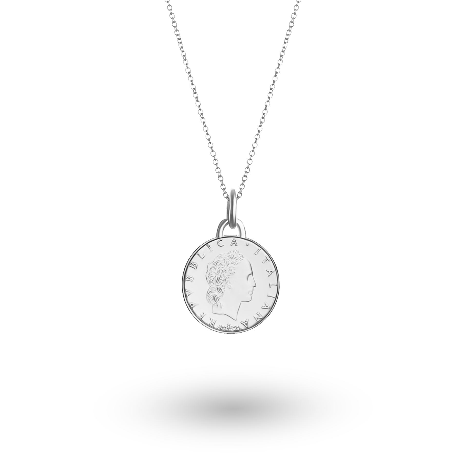 Italian Coin Necklace | Medallion Pendant Jewelry | Rhodium Plated 50 Lira | 1990 - 1995