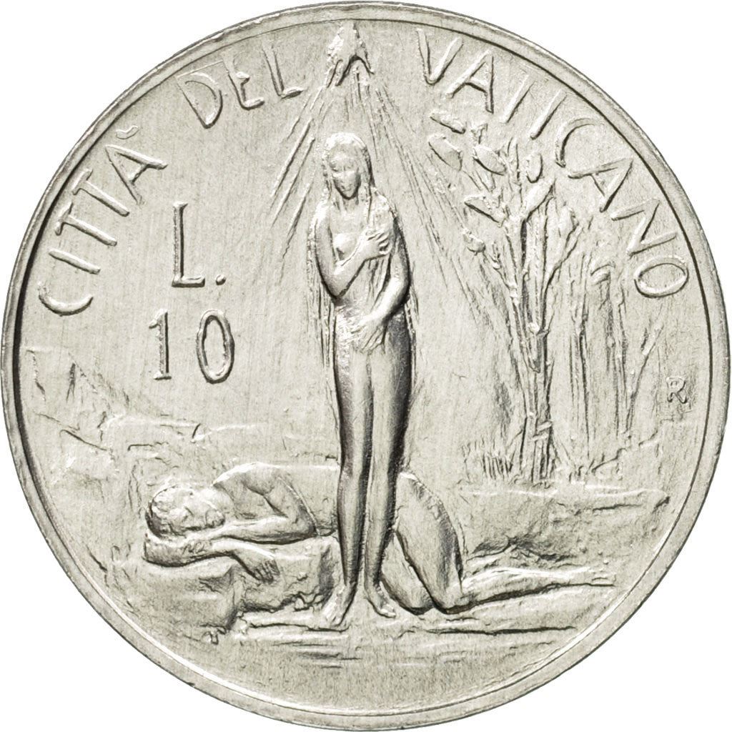 Vatican City | 10 Lire Coin | Pope John Paul II | Adam and Eve | Hand of God | Km:161 | 1982