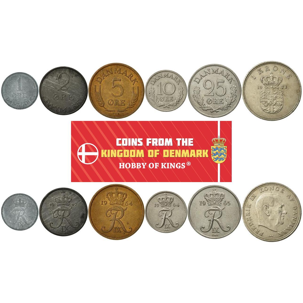 Denmark | 6 Coin Set | 1 2 5 10 25 Ore 1 Krone | 1960 - 1972