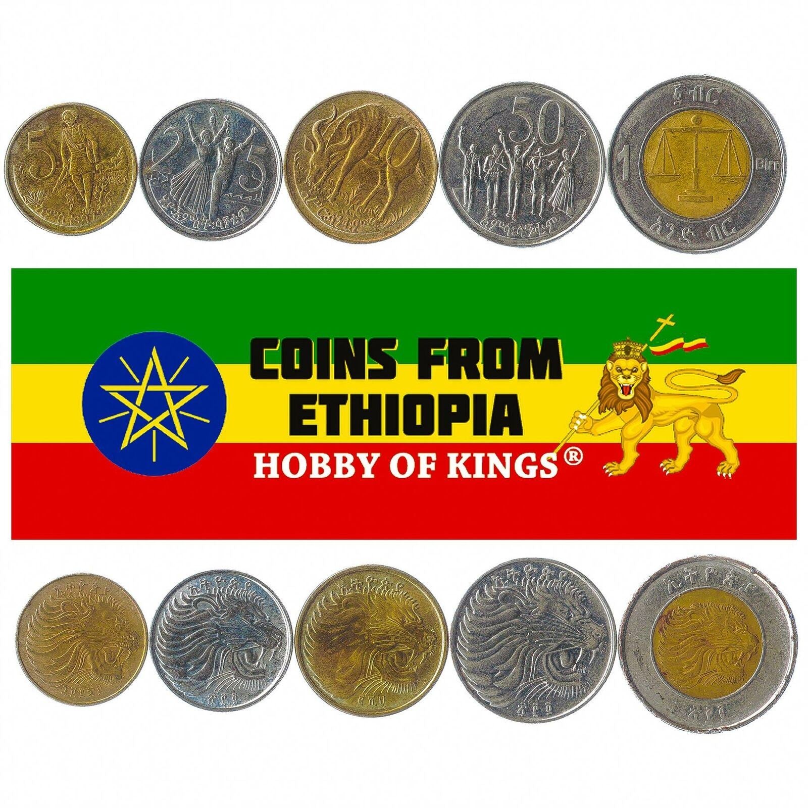 5 Coins From Ethiopia 1977-2016 5 Santeem - 1 Birr African Old Money