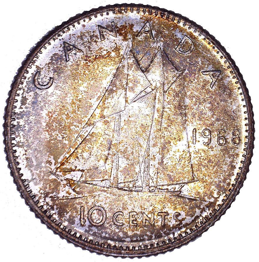 Монета Канада 10 центов | Королева Елизавета II | Гоночное судно Блуноз | KM72 | 1968 - 1969