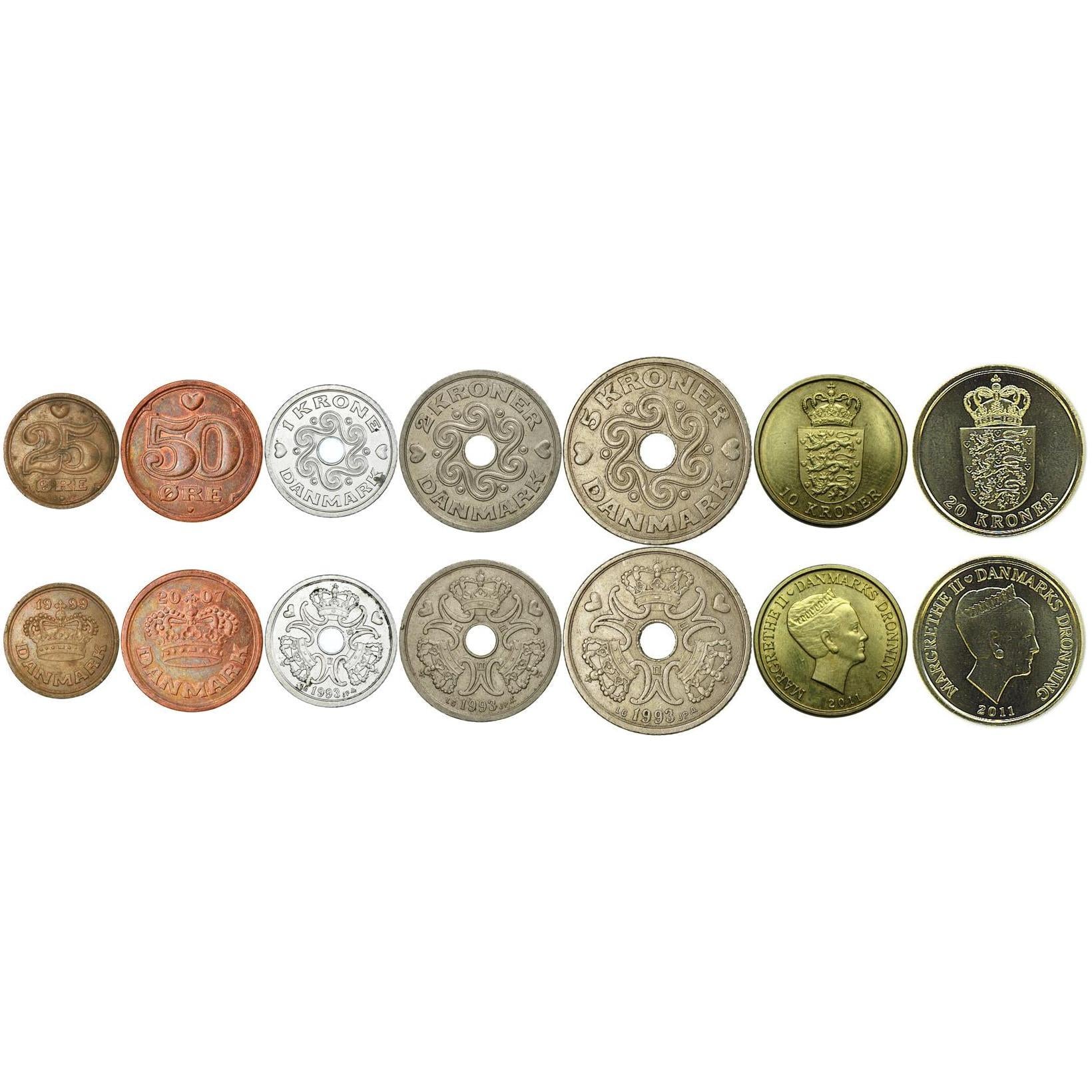Denmark | 7 Coin Set | 25 50 Ore 1 Krone 2 5 10 20 Kroner | 1989 - 2021