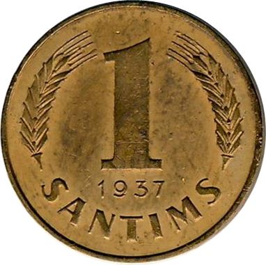 Монета Латвии 1 сантим | Ветвь дуба | KM10 | 1937 - 1939