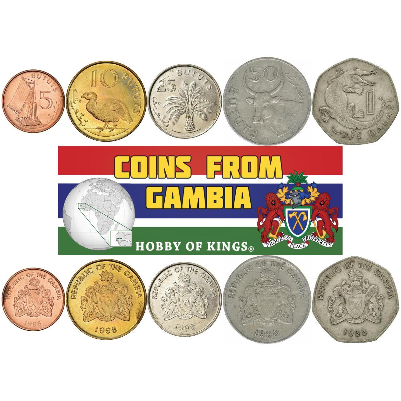 The Gambia | 5 Coin Set | 5 10 25 50 Bututs 1 Dalasi | 1998