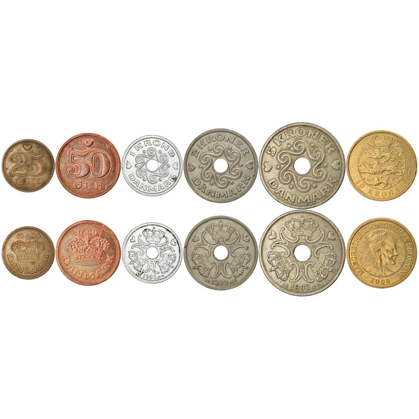 Denmark | 6 Coin Set | 25 50 Ore 1 Krone 2 5 10 Kroner | 1989 - 2021