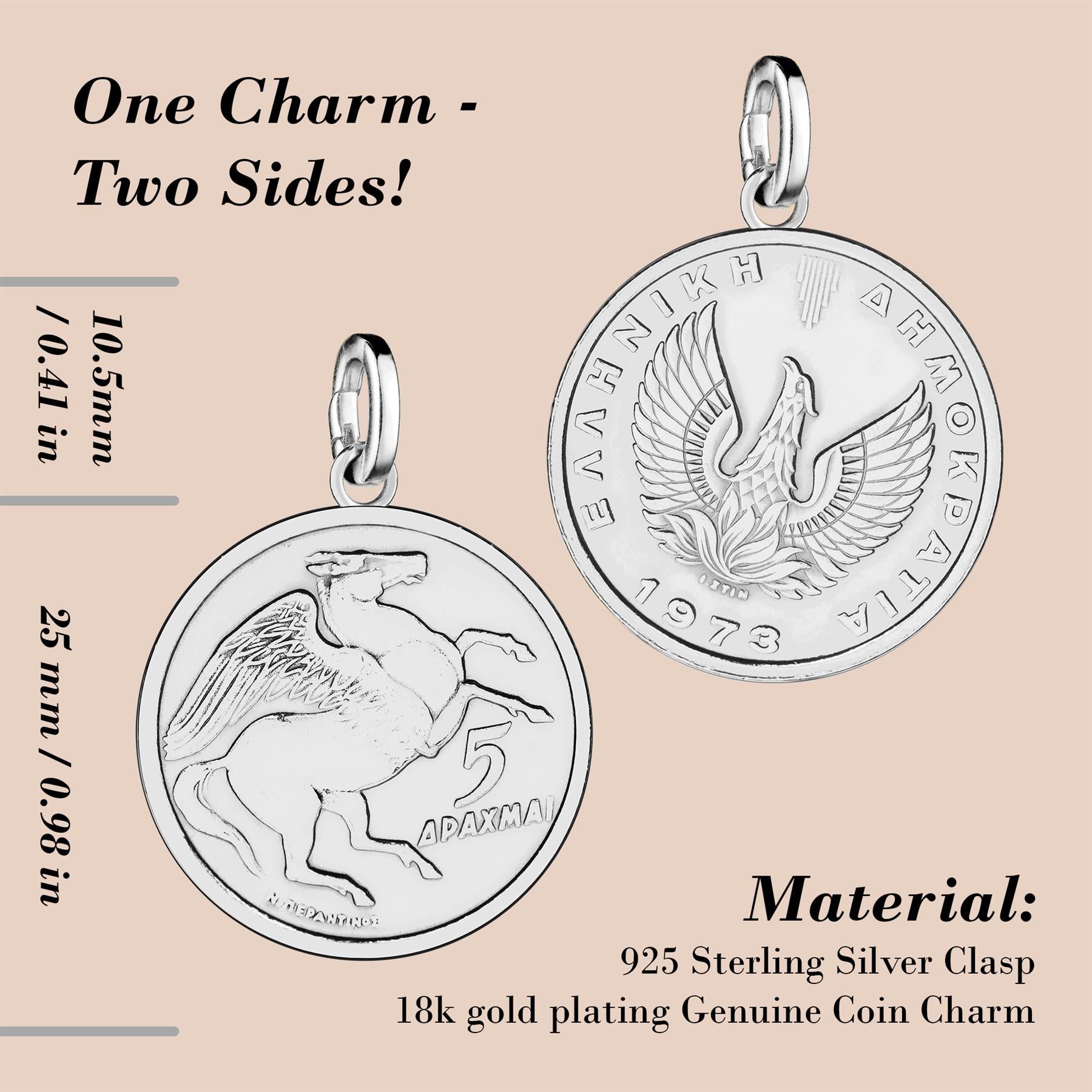 Greek 5 Drachmai Coin Charm | 925 Sterling Silver Rhodium Plated | 1986 - 2000