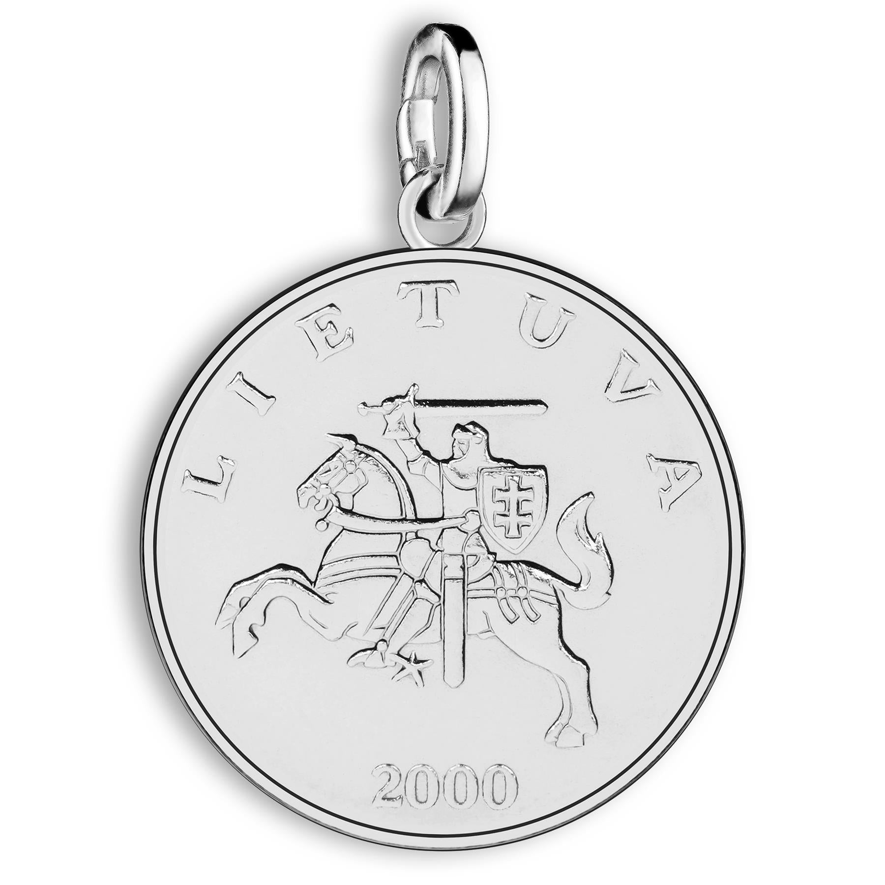 Lithuanian 1 Litas Coin Charm | 925 Sterling Silver Rhodium Plated | 1998 - 2014
