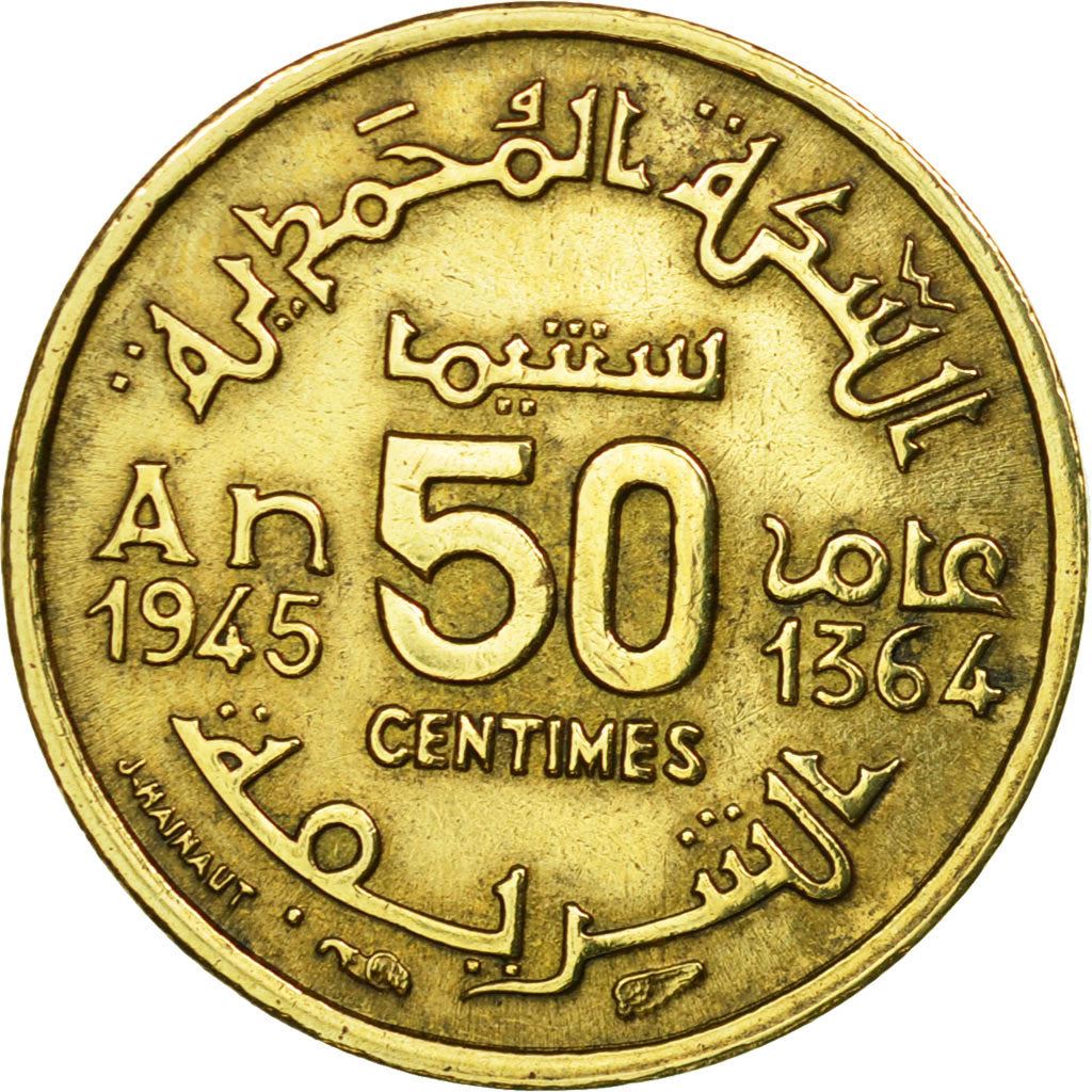 Morocco | 50 Centimes Coin | Sharifian Sultanate | Sultan Mohammed V | Pentagram | Y:40 | 1945