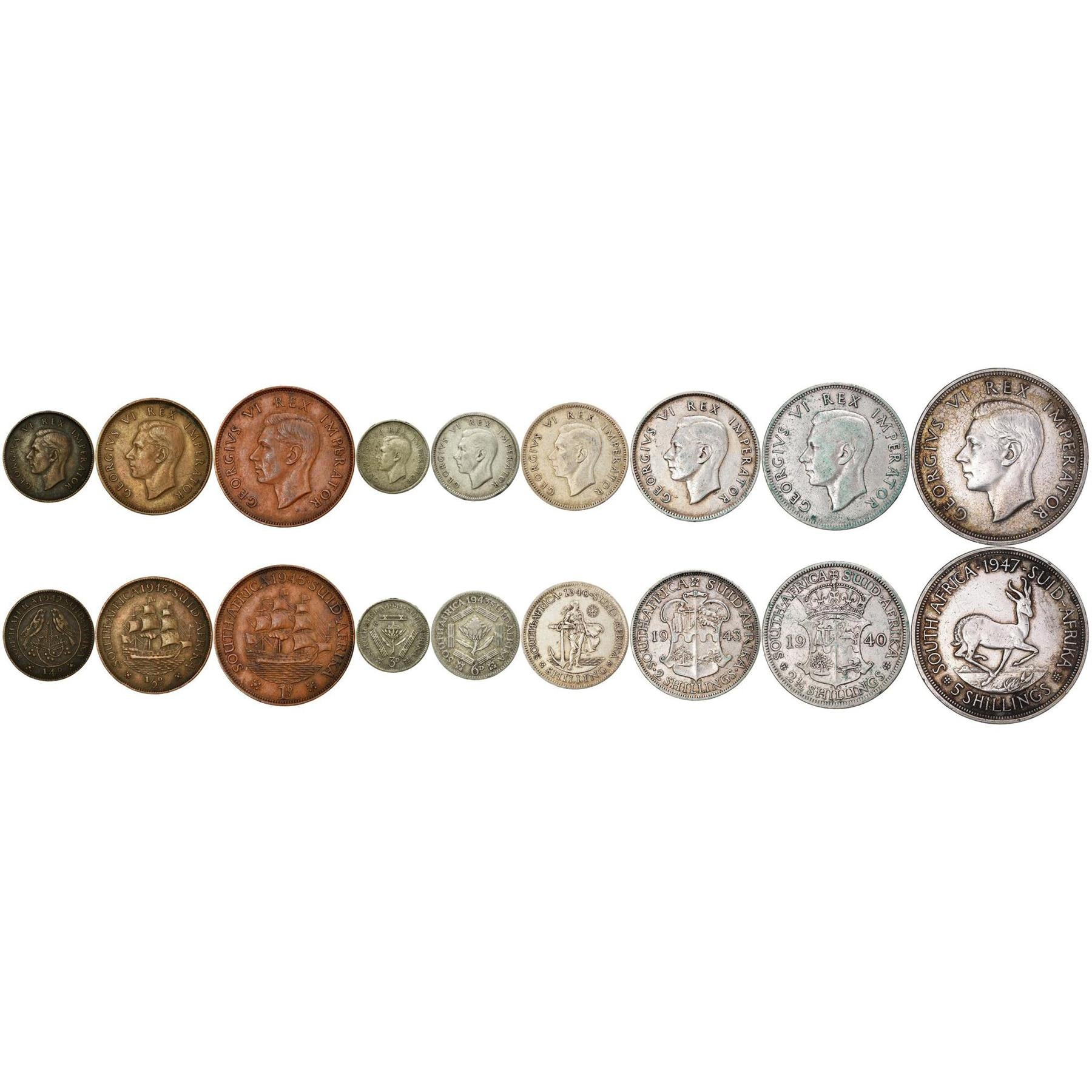 South Africa | 9 Coin Set | 1/4 1/2 1 Penny 3 6 Pence 1 Shilling 2 2 1/2 5 Shillings | 1937 - 1947