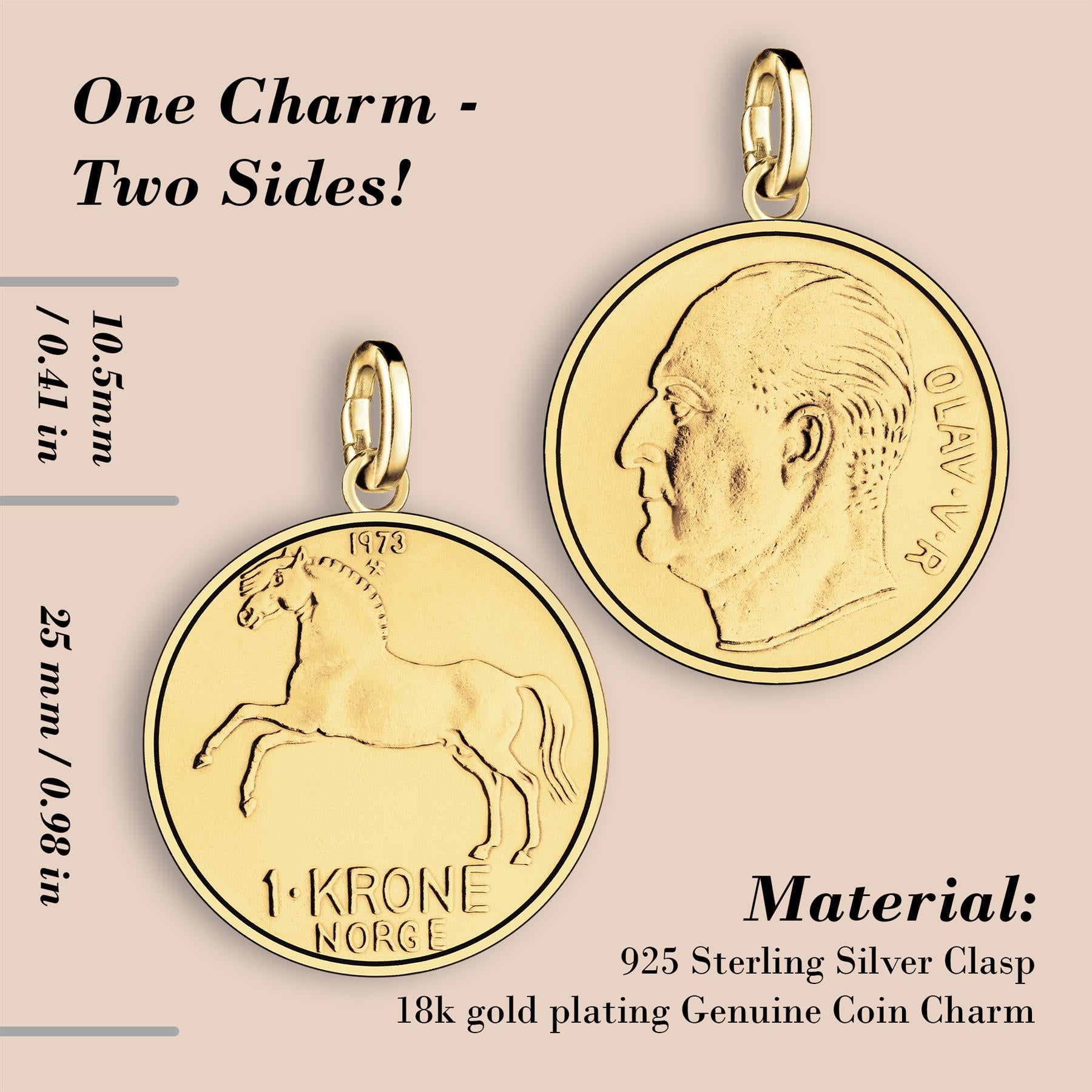 Norwegian 1 Krone Coin Charm | 925 Sterling Silver 18K Gold Plated | 1958 - 1973
