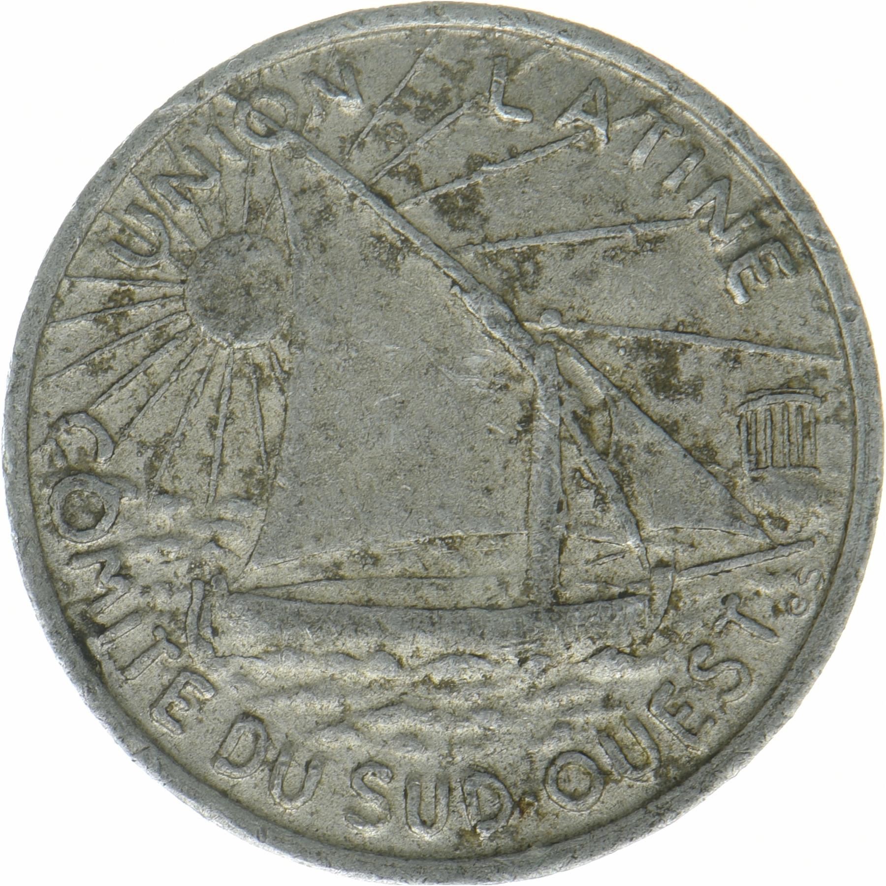 Prancūzija Tulūza | 10 centų moneta | Lotyniškas burlaivis | Élie mon:15,5, 15,8 | 1922