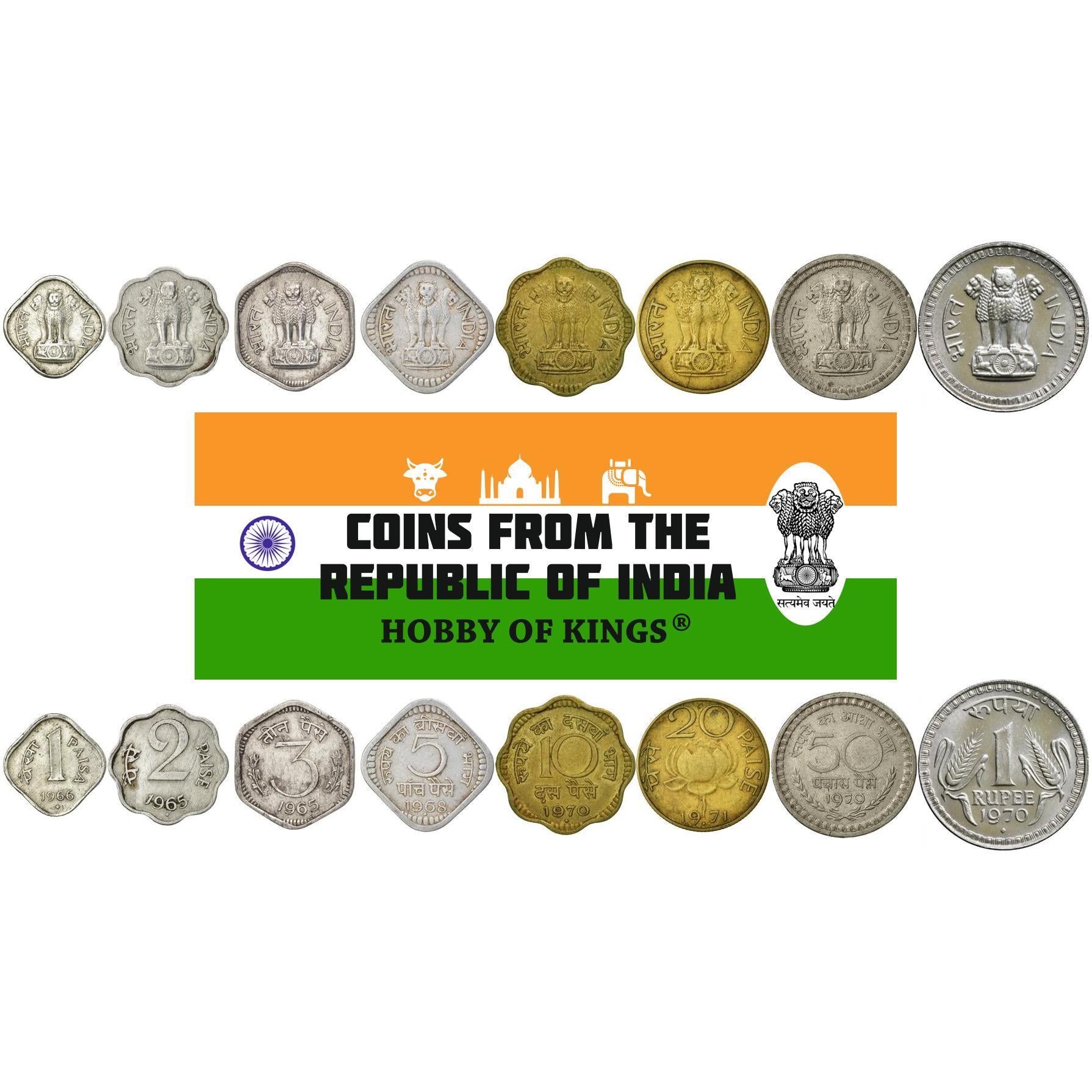 India | 8 Coin Set | 1 2 3 5 10 20 50 Paisa 1 Rupee | 1965 - 1971