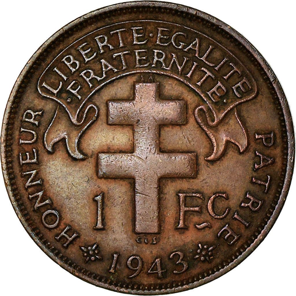 French Cameroon | 1 Franc Coin | Rooster | Lorraine Cross | Km:7 | 1943