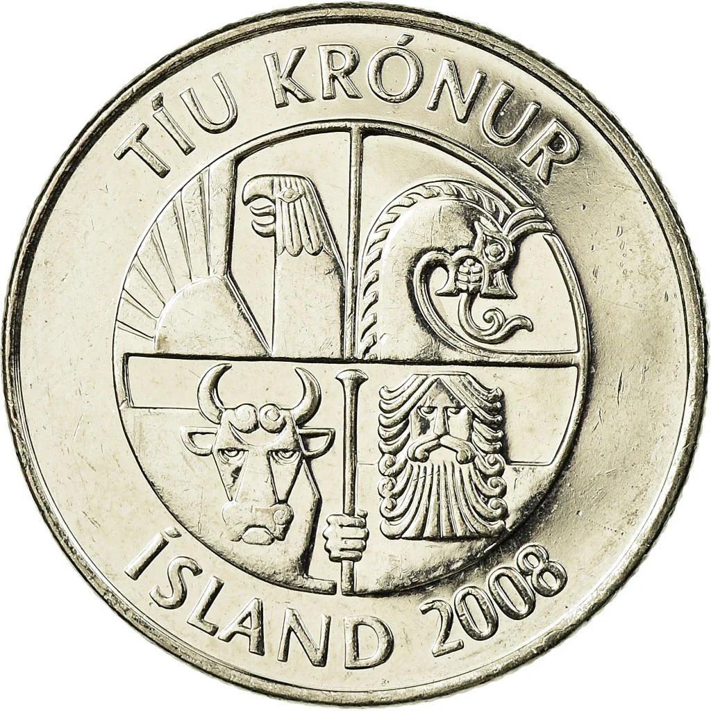 Icelander 10 Kronur Coin | Bull Grioungur | Eagle Gammur | Dragon Dreki | Giant Bergrisi | Capelin Fish | Iceland | KM29.1a | 1996 - 2008
