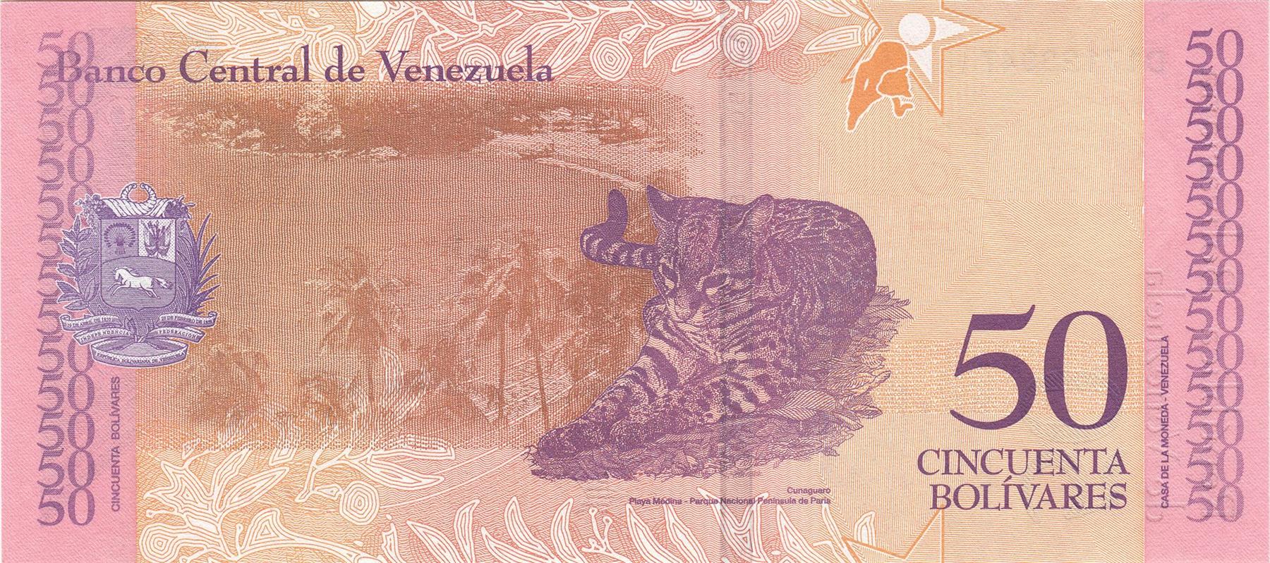 Venezuela | 50 Bolivares Banknote |2018 | Antonio Jose de Sucre | Ocelot | Playa Medina | Peninsula de Paria National Park