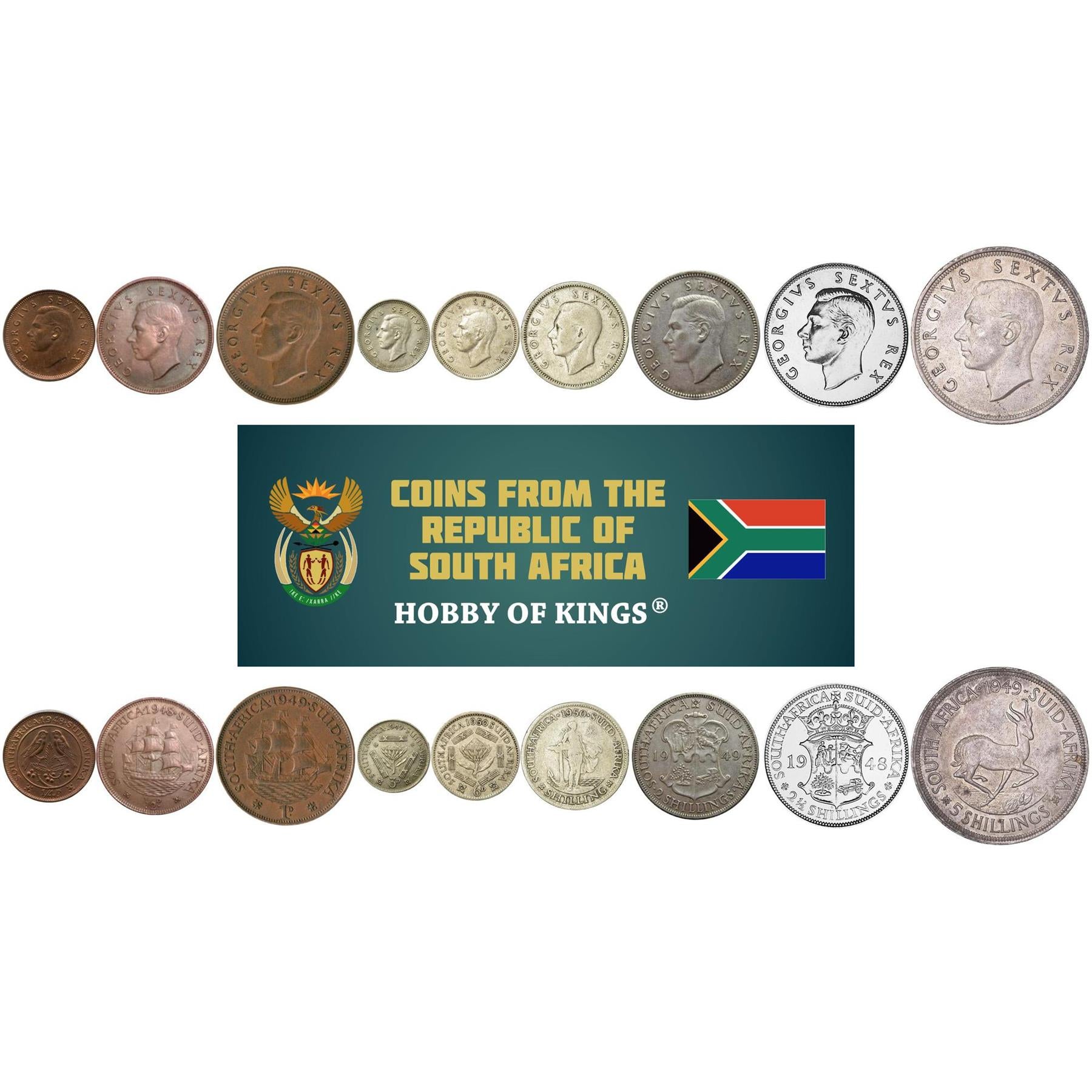 South Africa | 9 Coin Set | 1/4 1/2 1 Penny 3 6 Pence 1 Shilling 2 2 1/2 5 Shillings | 1948 - 1950