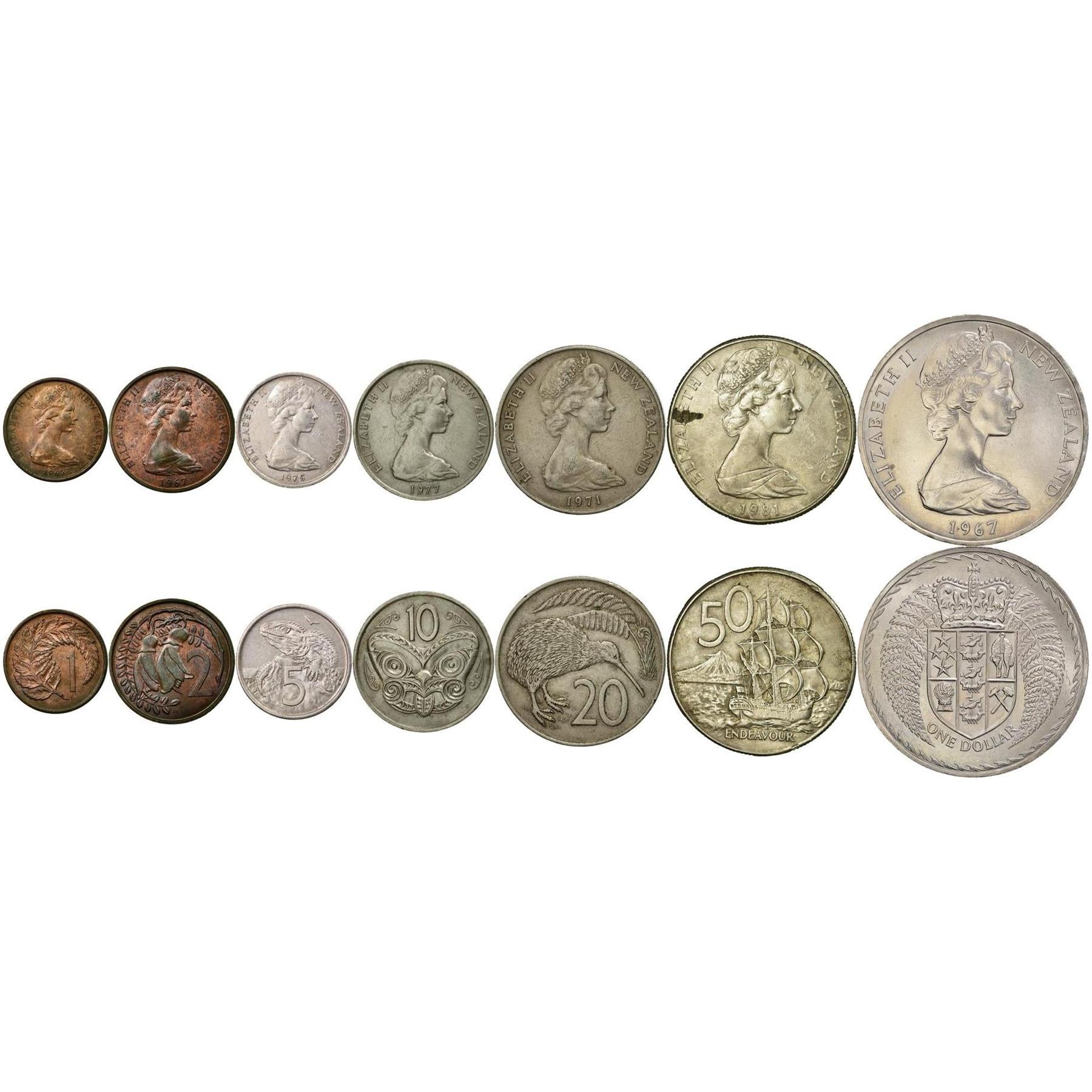 New Zealand | 7 Coin Set | 1 Cent 2 5 10 20 50 Cents 1 Dollar | 1967 - 1985